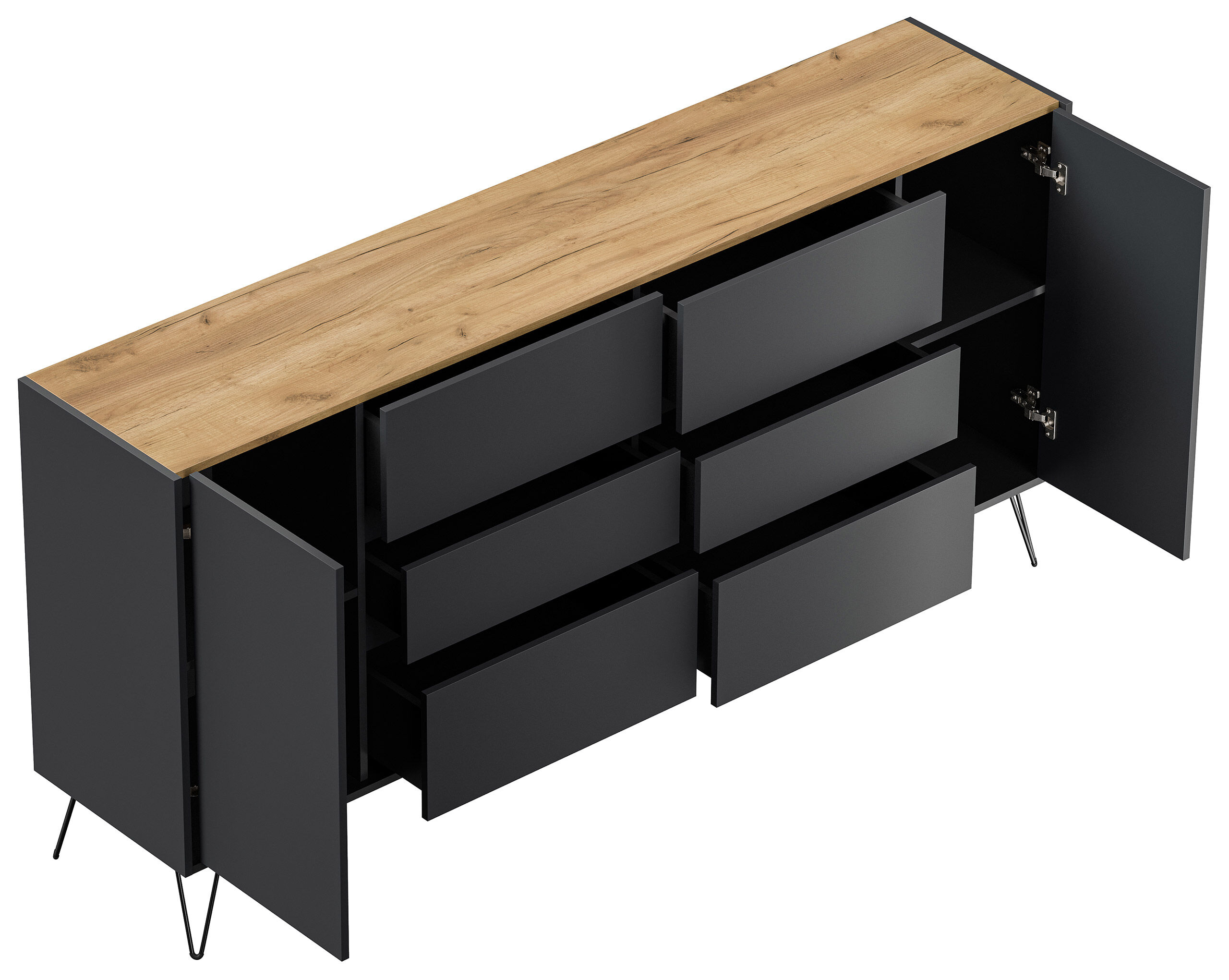 Sideboard Yako XL 200cm 6 SoftClose 2 Türen Grafit/Eiche Top
