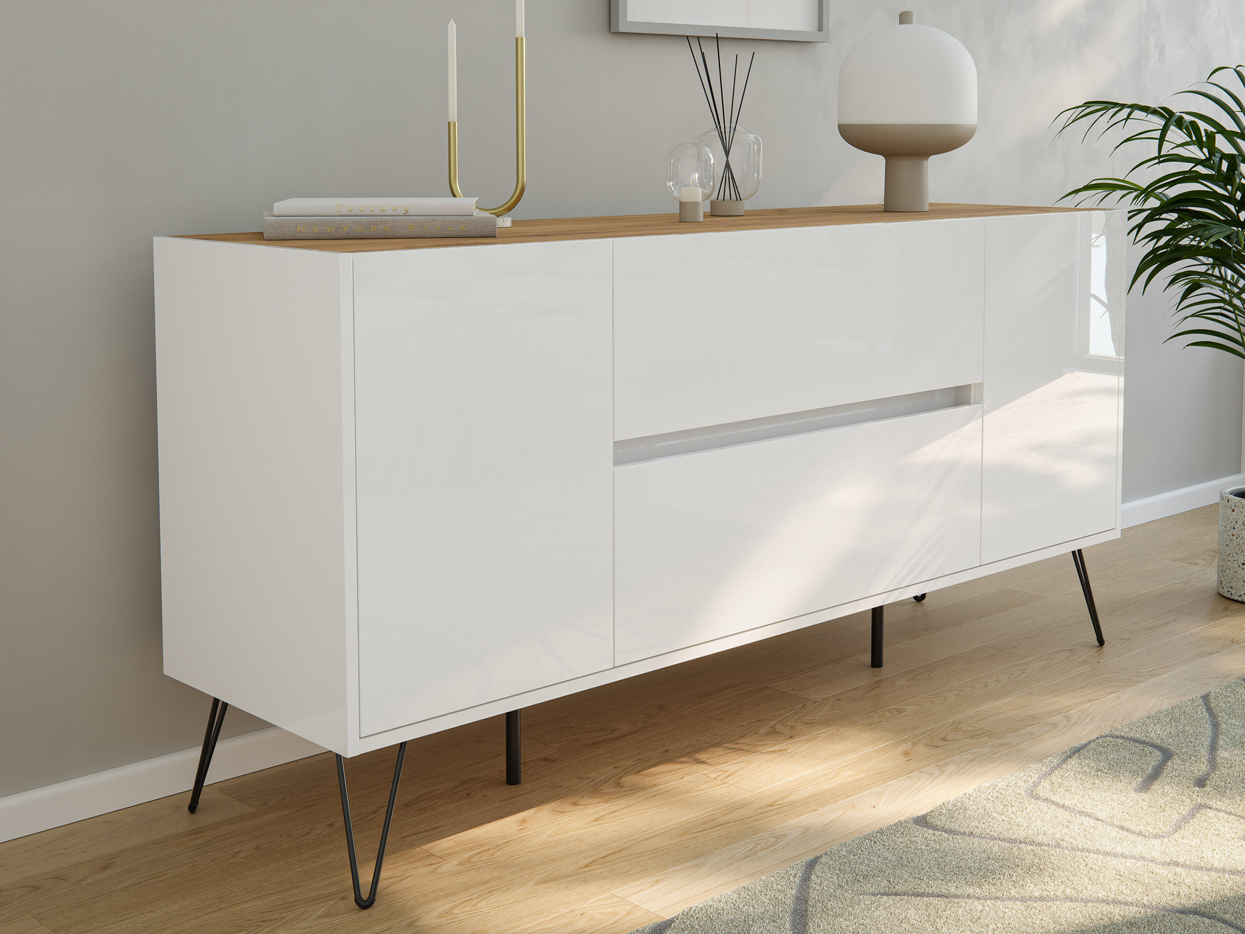 Sideboard Yako 155cm 2 SoftClose 2 Türen Weiß/Eiche Top | Weiss hochglanz / Eiche Gold