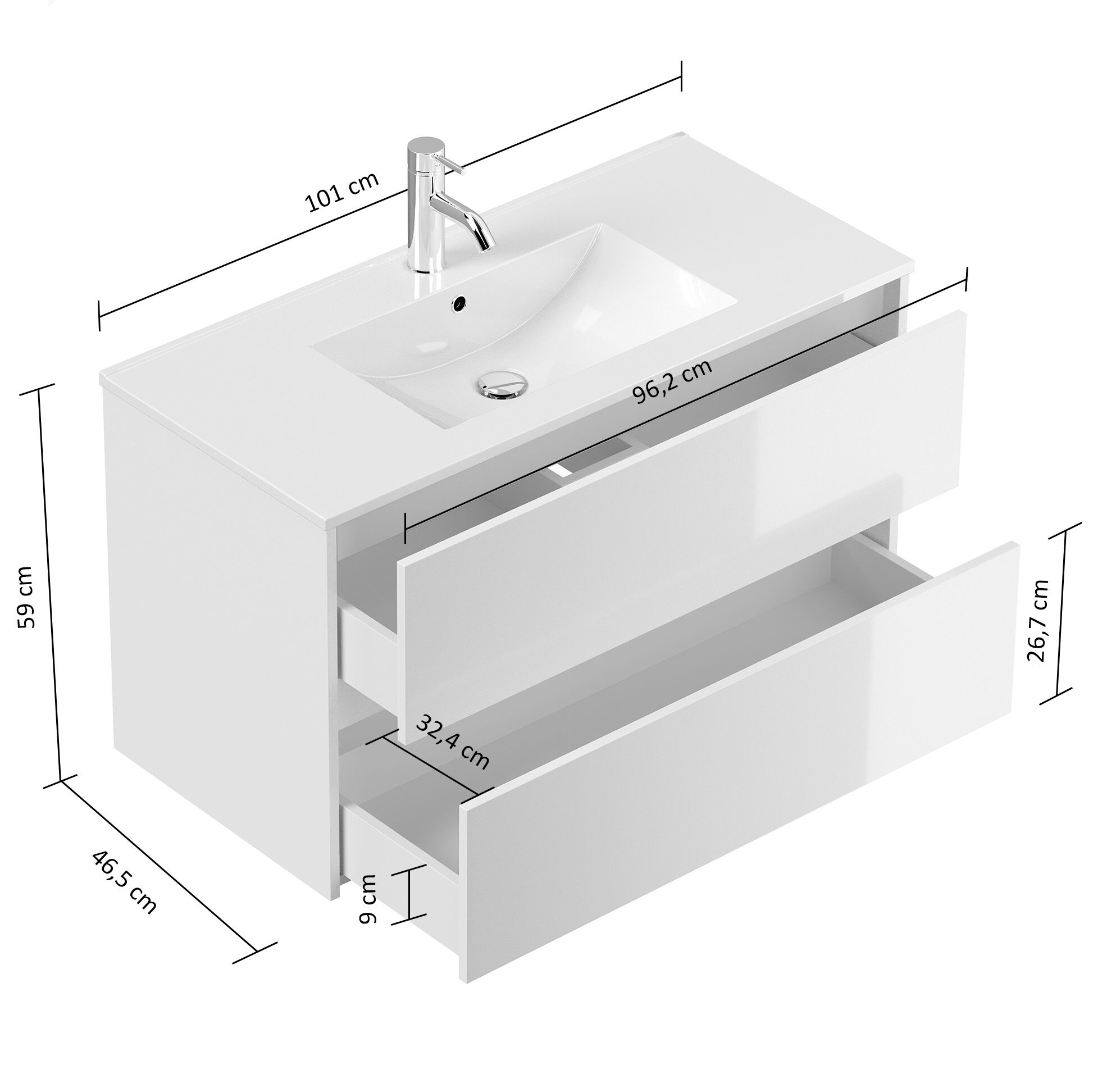 Badmöbel Set Taifun 4tlg. 100 cm mit Spiegelschrank & 2x Seitenschrank weiß Hgl