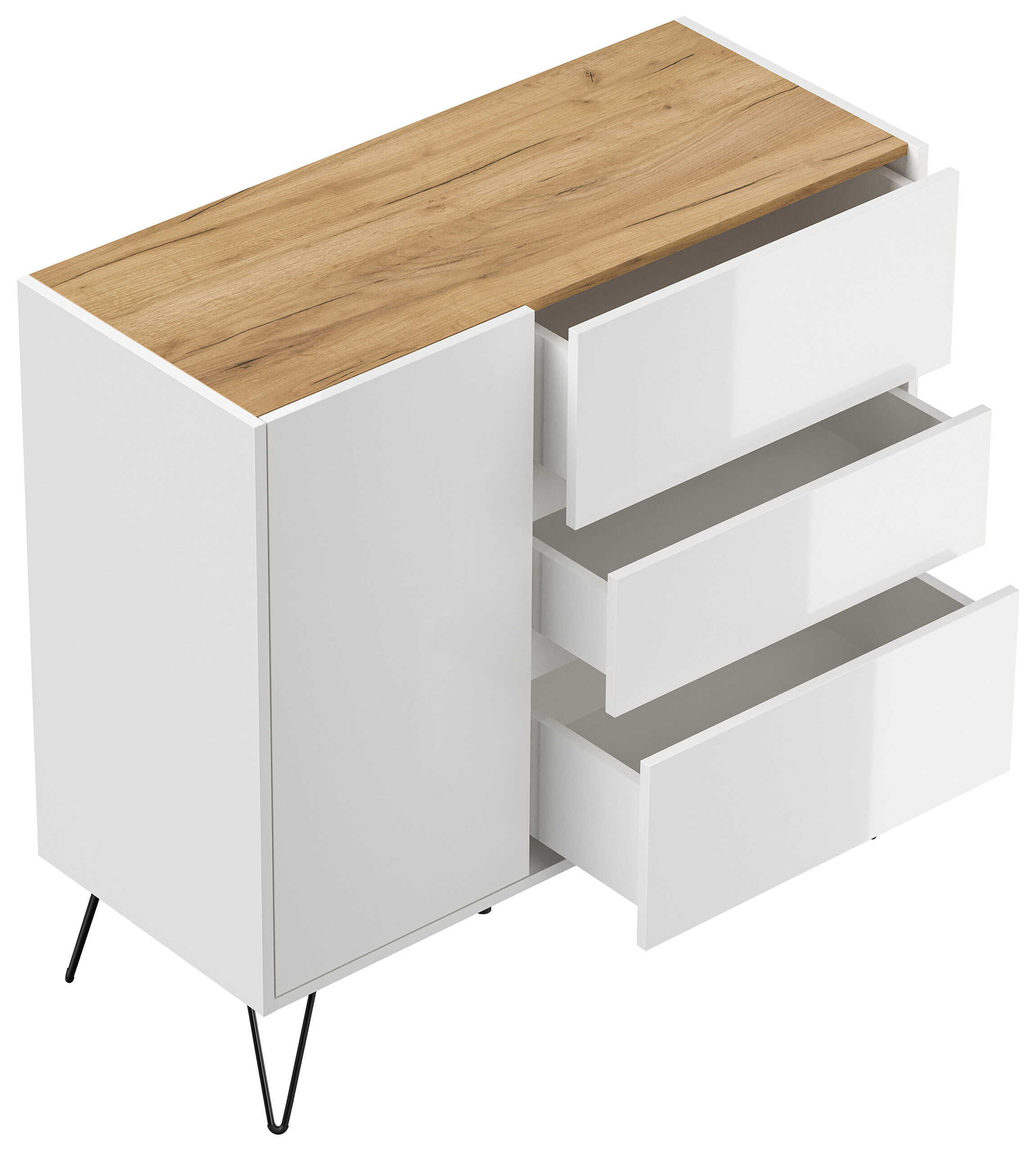 Design Sideboard Kommode Altan 100cm Greifraum 3 SoftClose 1 Tür Weiß/Eiche Top