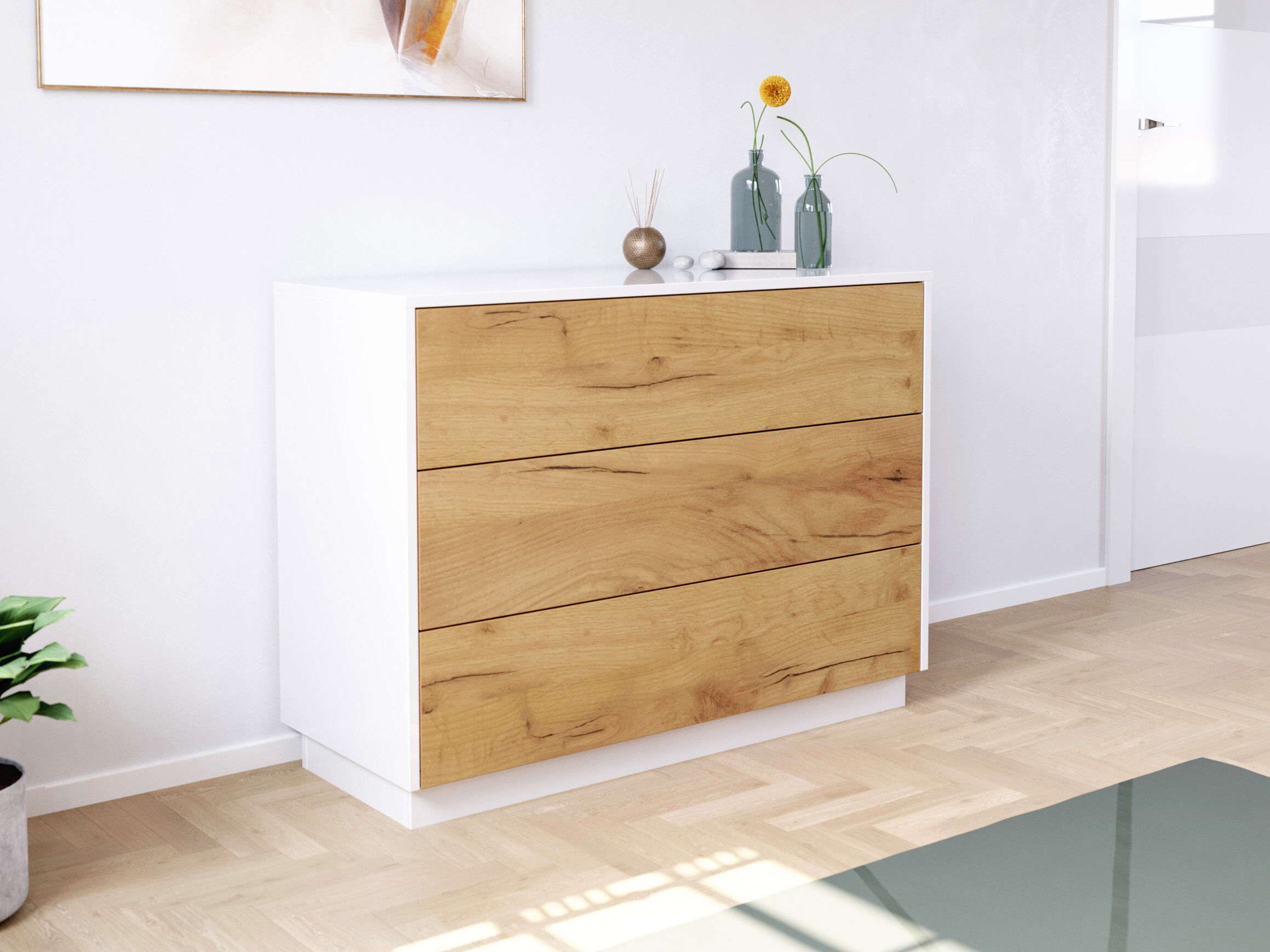 Sideboard Kommode Hero B stehend 100cm 3 Pushauszüge Weiß Hgl Eiche | Weiss hochglanz / Eiche Gold