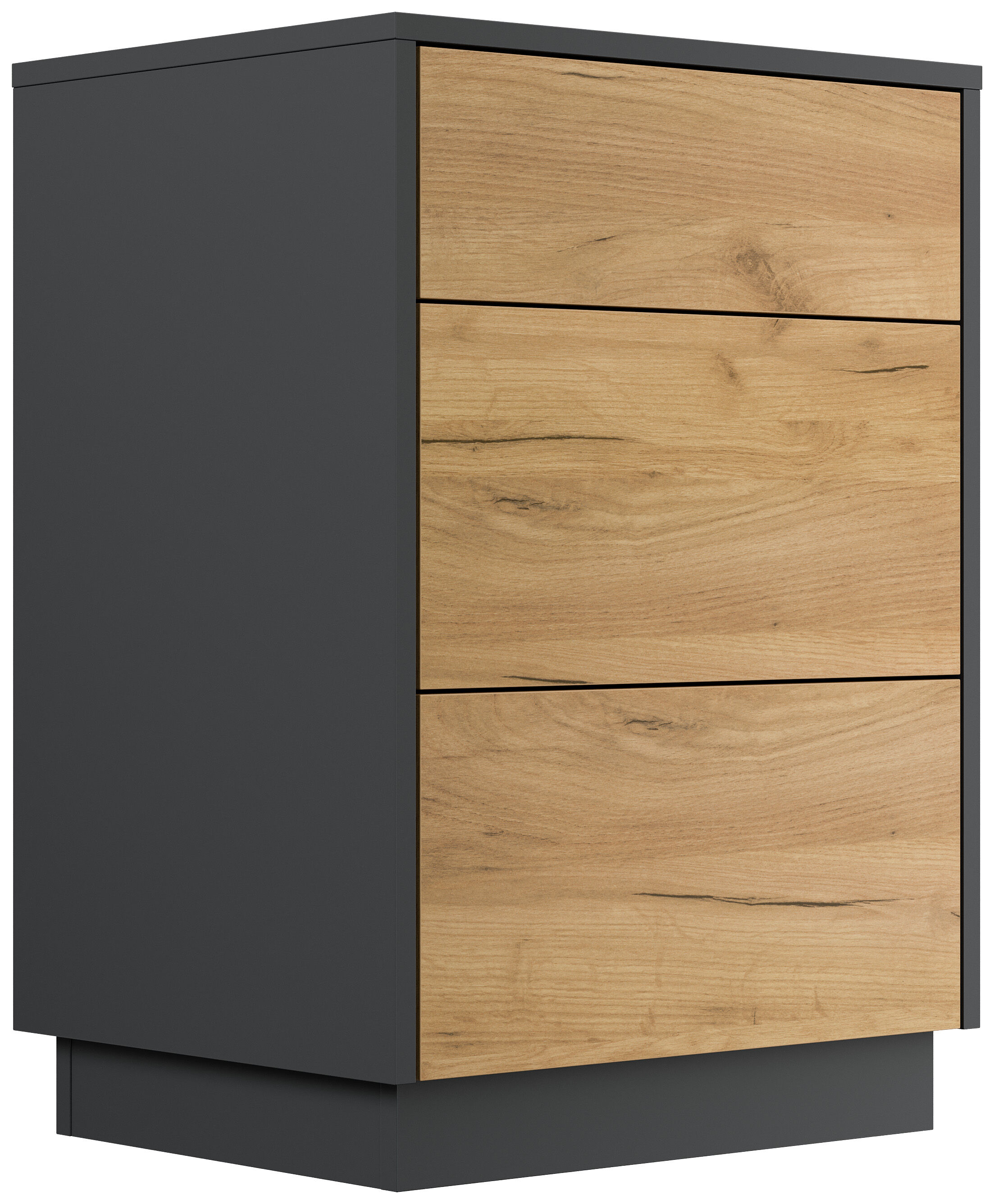 Design Nachttisch Lux M 50cm stehend, 3 Pushauszüge Grafit Eiche