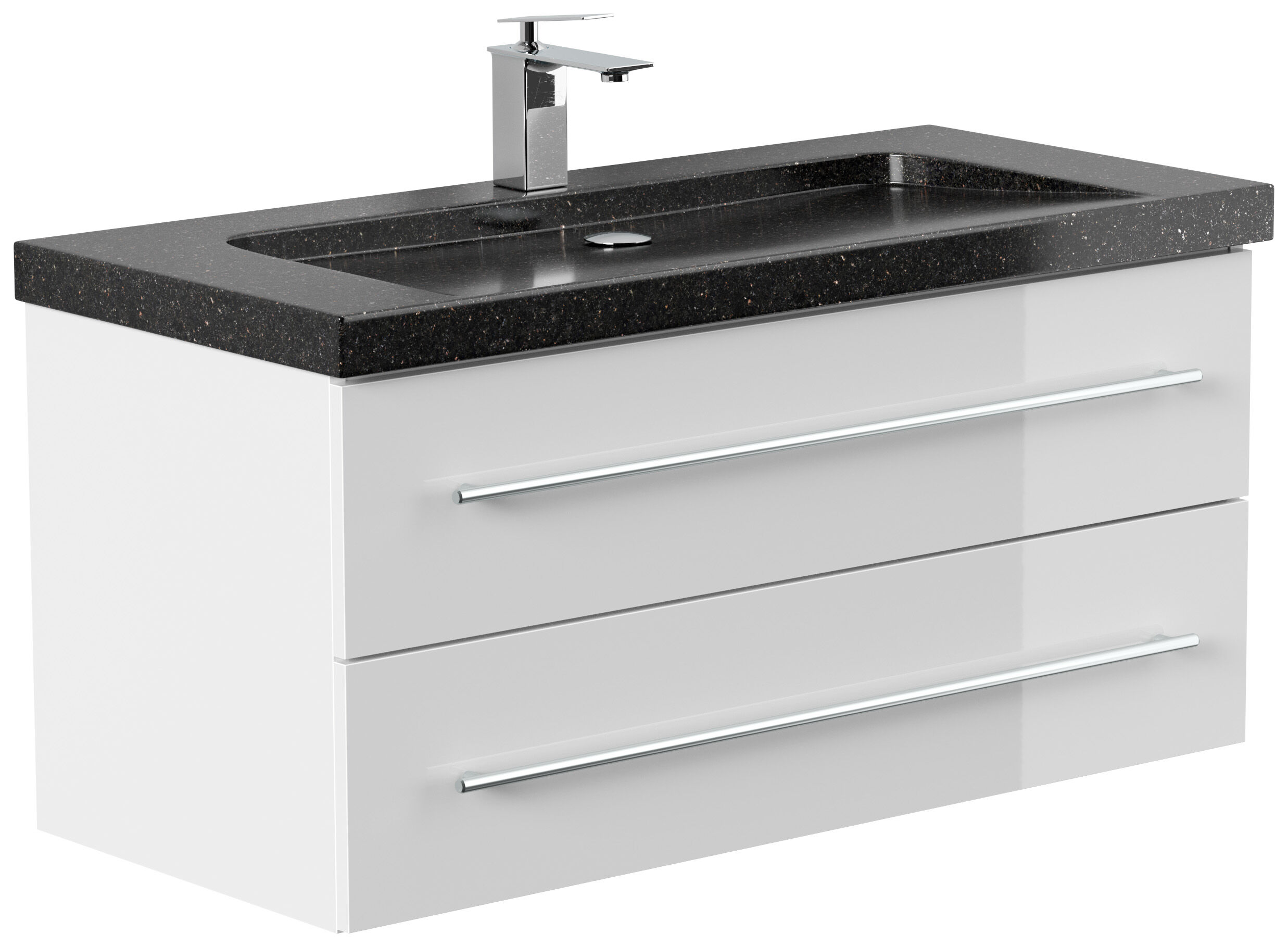 Badmöbel Granit Galaxy Black Damo 100 cm 1 Hahnloch SoftClose weiß hochglanz