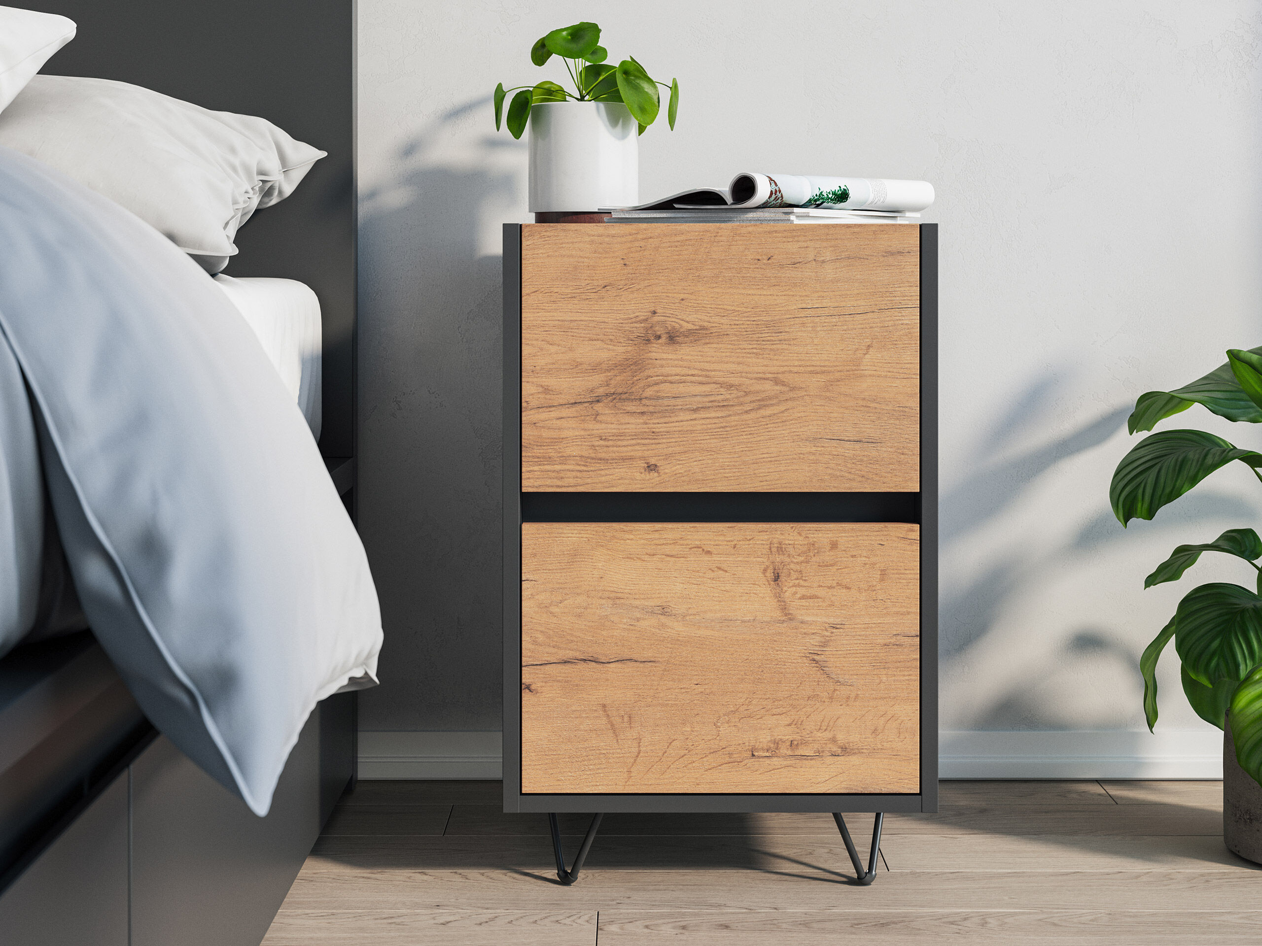 Nachttisch Yako 40cm 2 SoftClose stehend Weiß & Eiche Top