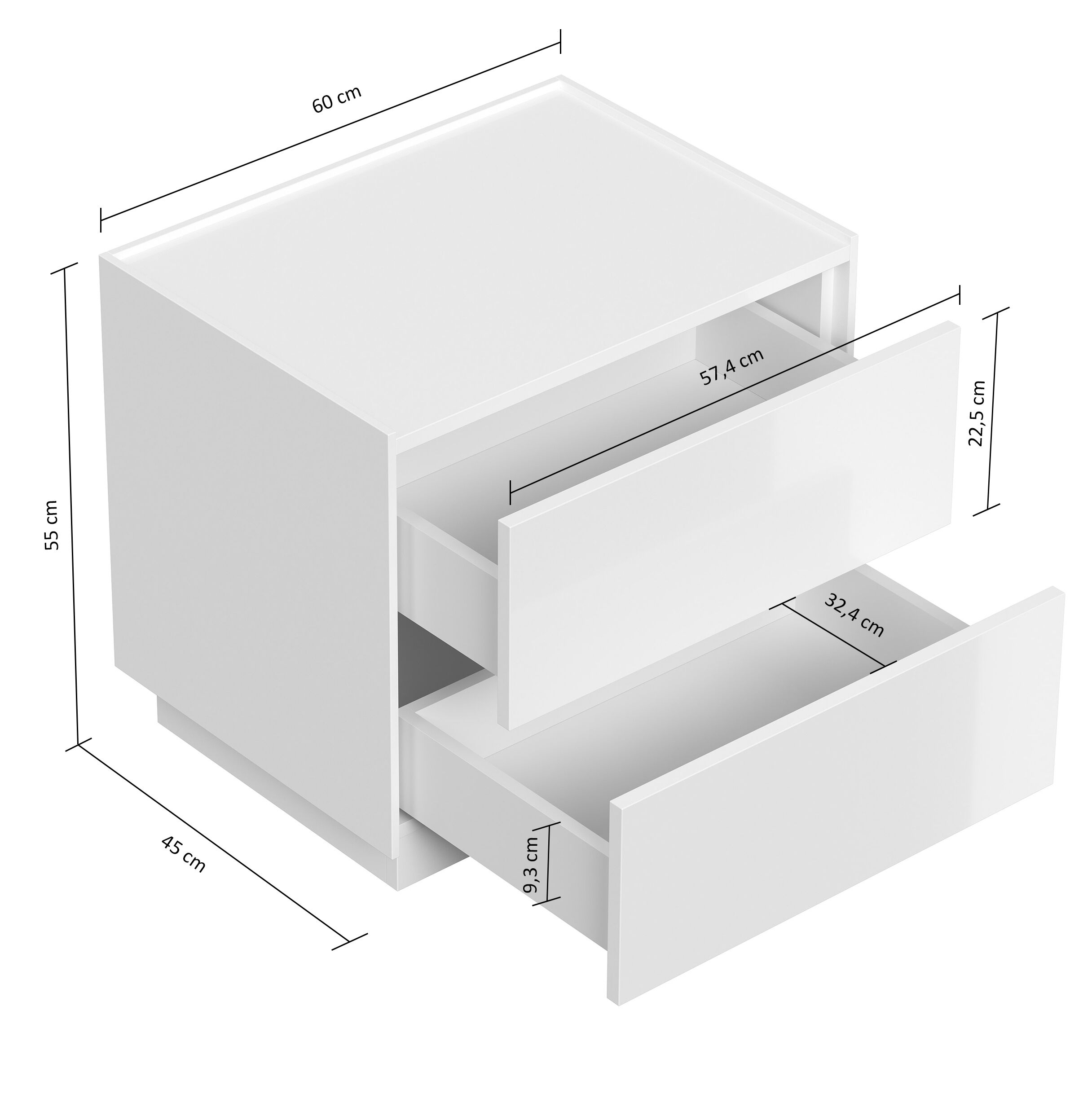 Design Nachttisch Kommode Concepto L 60cm, 2 Pushauszüge lackiert Weiß Hgl