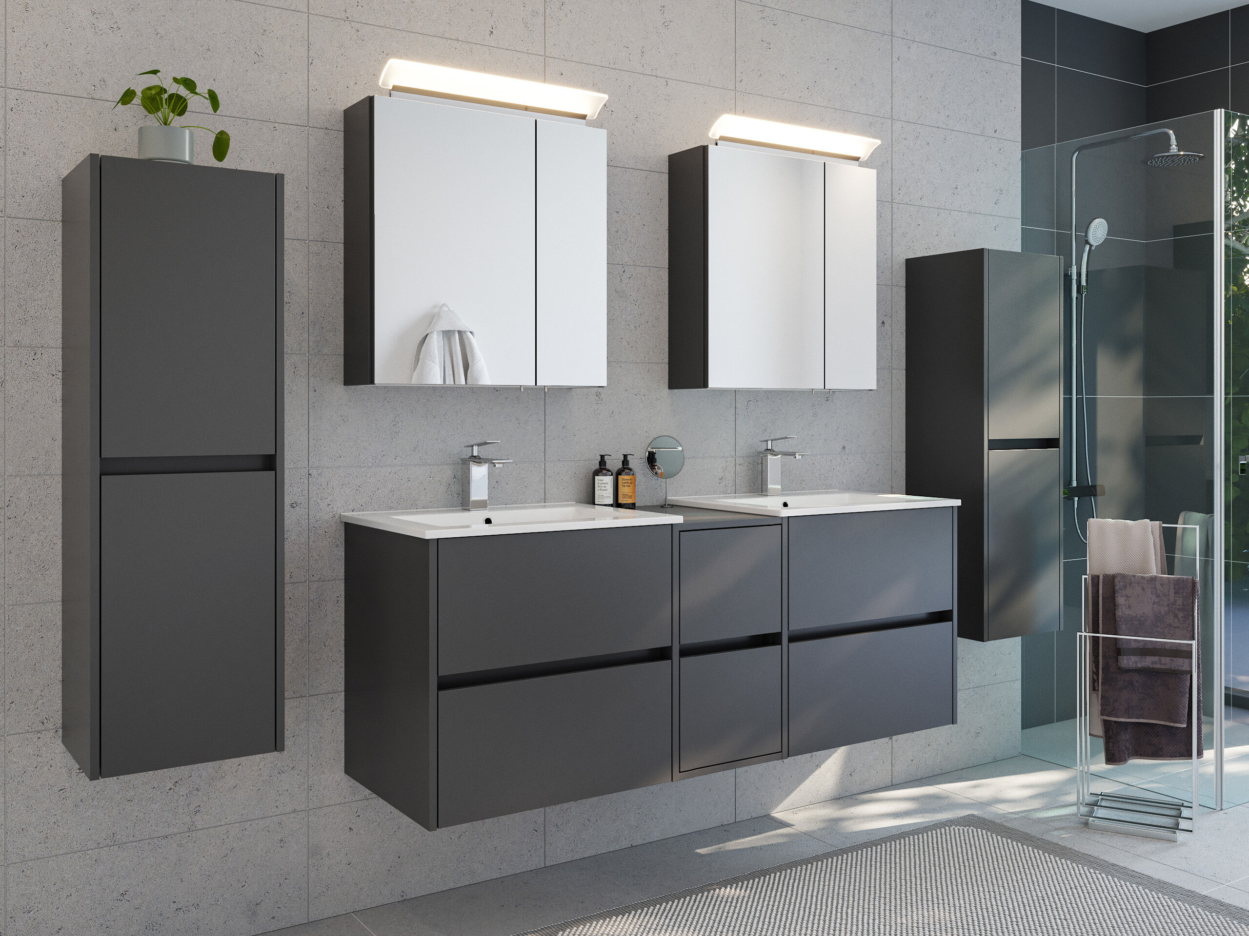 Badmöbelset Taifun 150cm 5tlg mit 2x Spiegelschrank & 2x Seitenschrank grafit