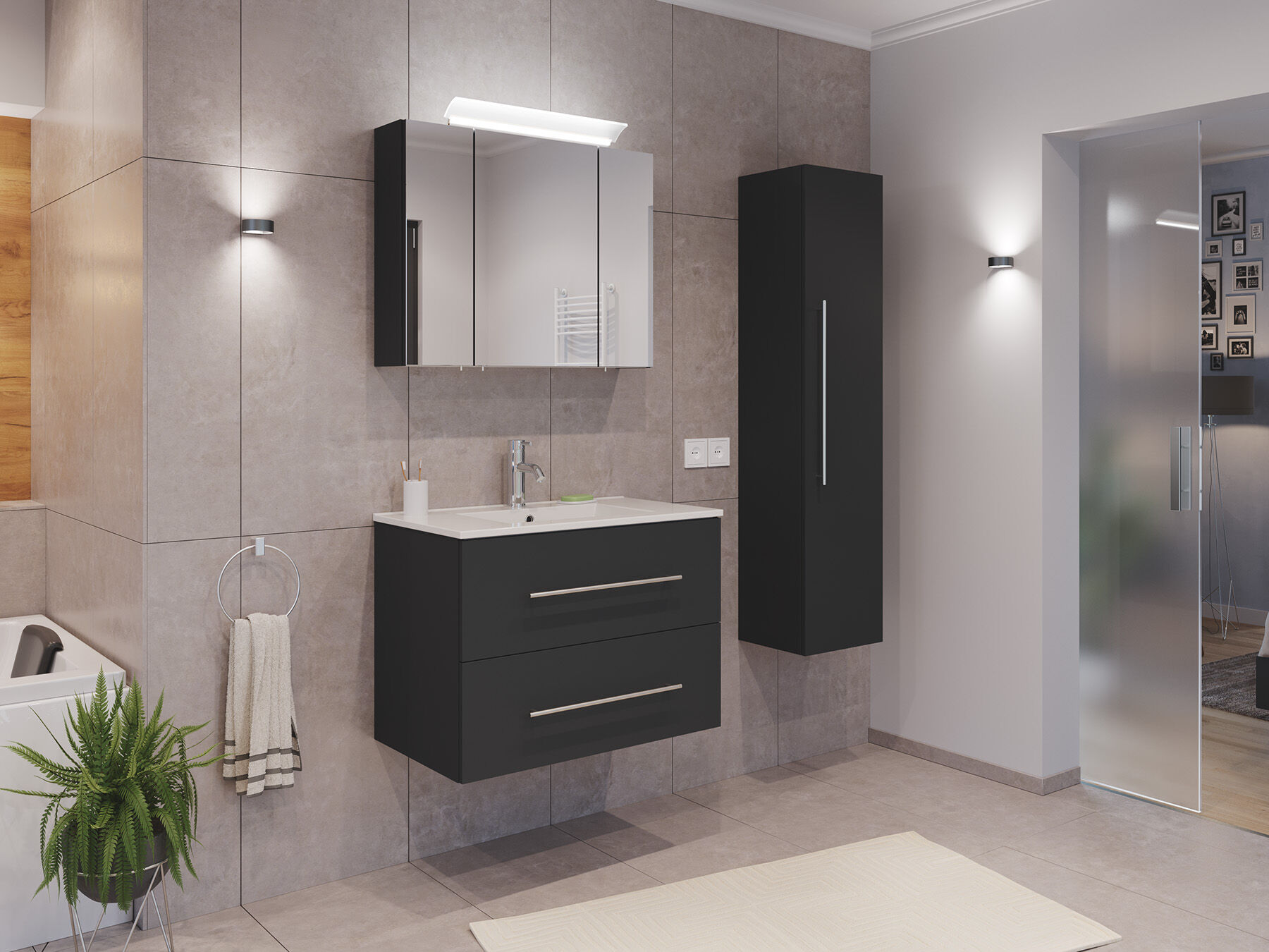 Badmöbel Set Firenze 80 3tlg. Spiegelschrank & Hochschrank grafit