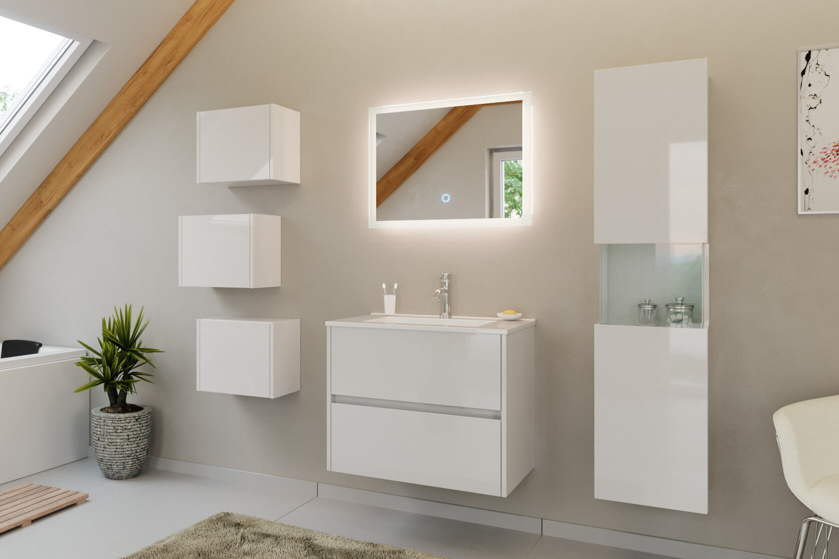 Badmöbel Set Taifun 4tlg. 70cm mit LED Spiegel 3er Boxen & Hochschrank weiß Hgl