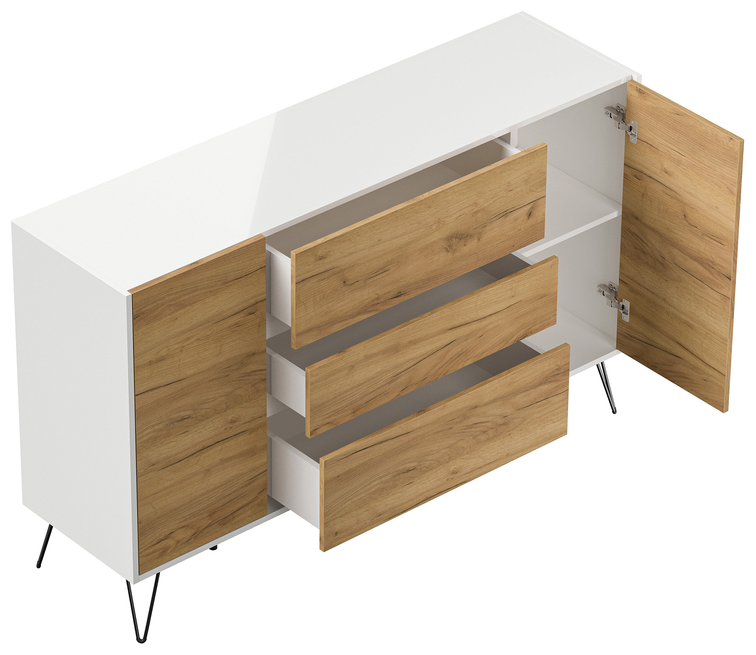 Sideboard Kommode Lovo 155cm Greifraum 3 SoftClose 2 Türen Weiß/Eiche Front