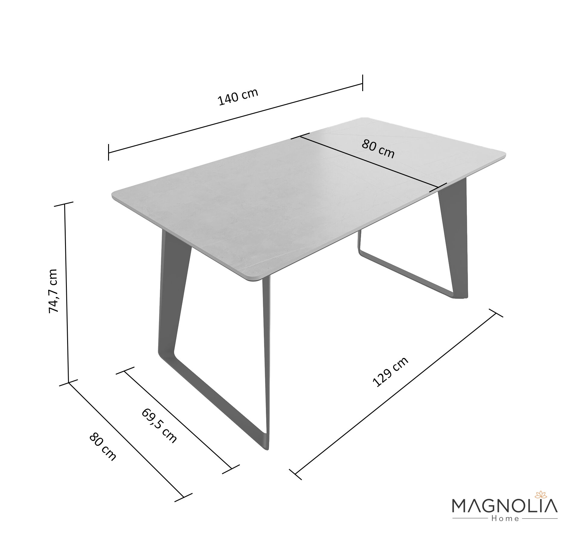 Esstisch 140x80cm graue Keramikplatte schwarze U-Form Beine