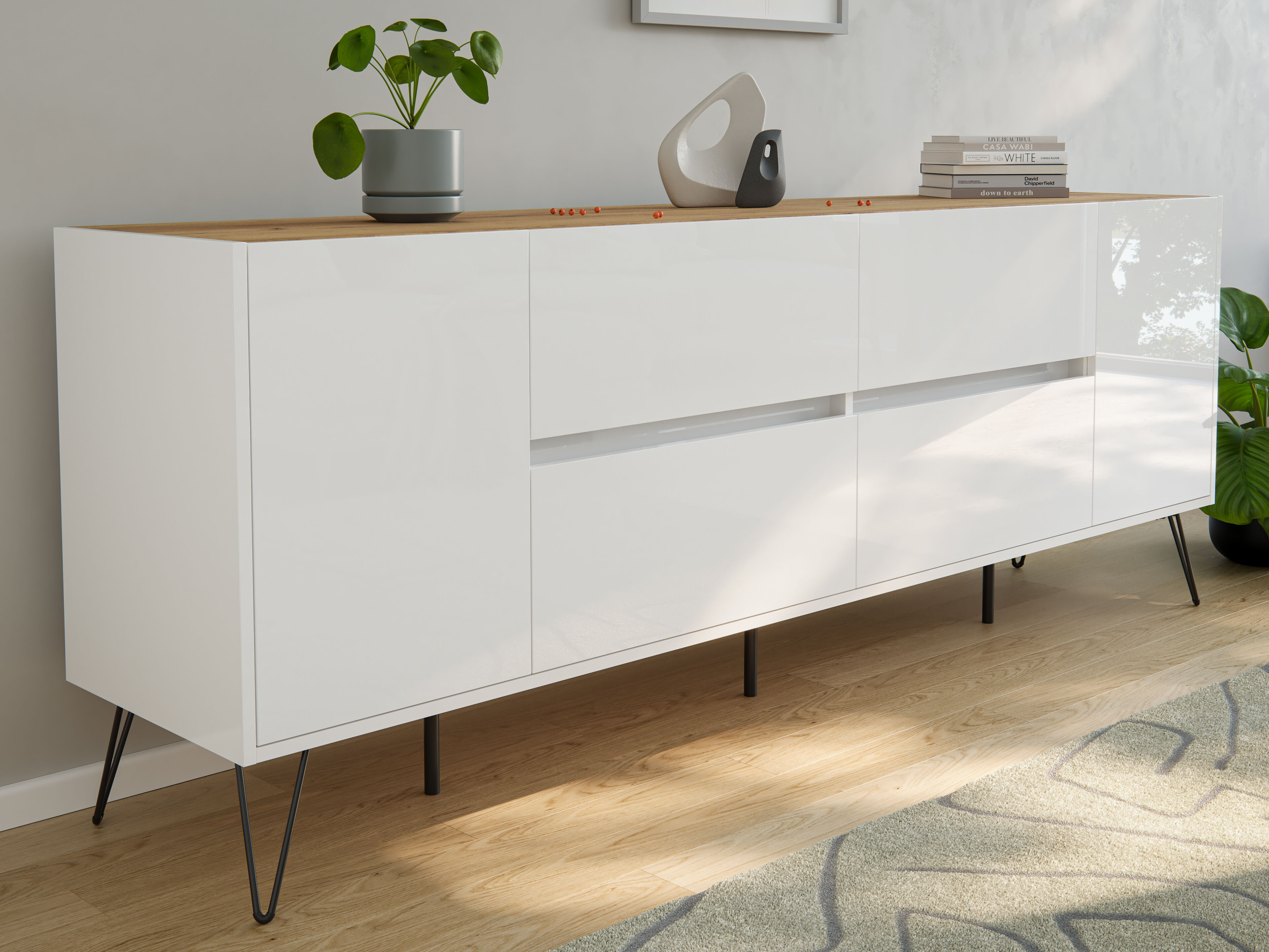 Raumwunder XXL Sideboard Kommode Heros 200cm 4 SoftClose 2 Türen Weiß/Eiche Top