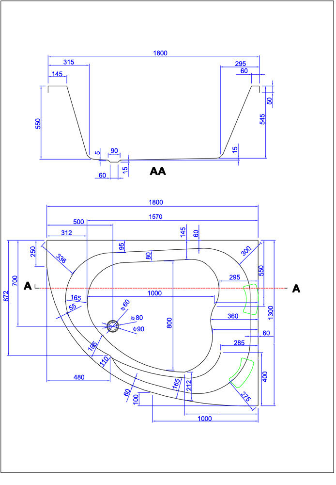 Langeckige Badewanne Royal XL 180x130 links 