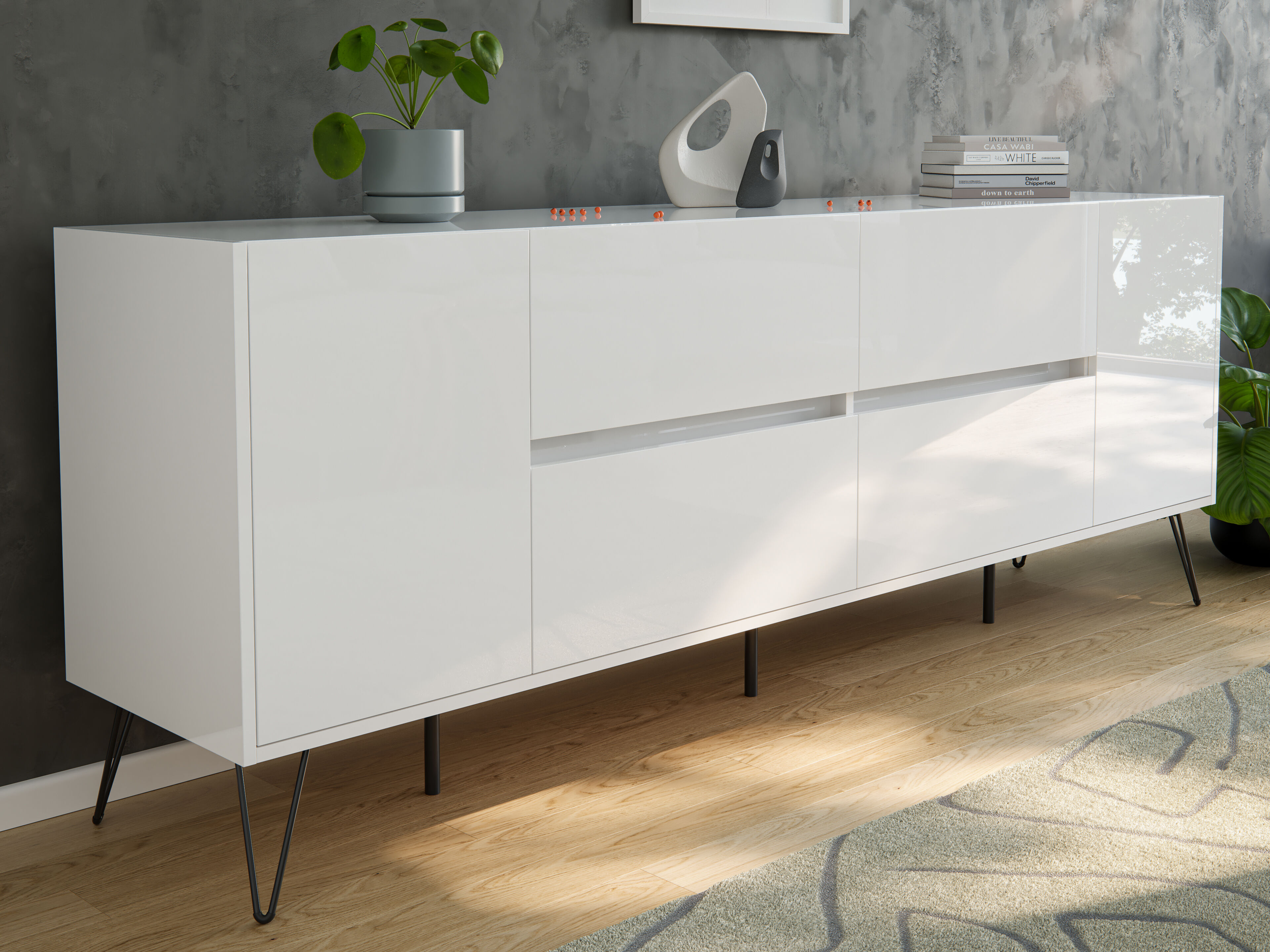 Sideboard Yako 200cm 4 SoftClose 2 Türen Weiß hochglanz | Weiss hochglanz