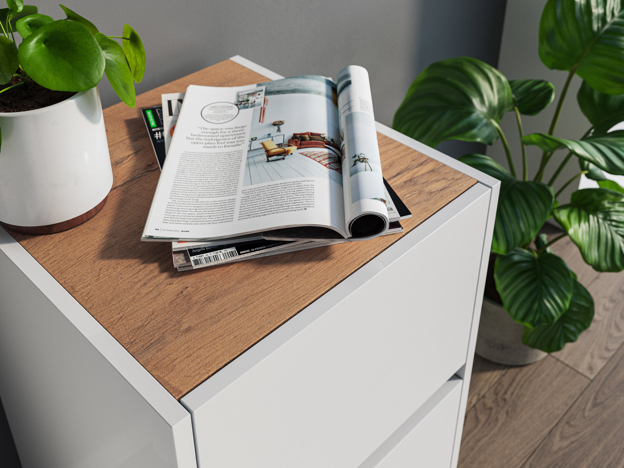 Nachttisch Yako 40cm 2 SoftClose stehend Weiß & Eiche Top