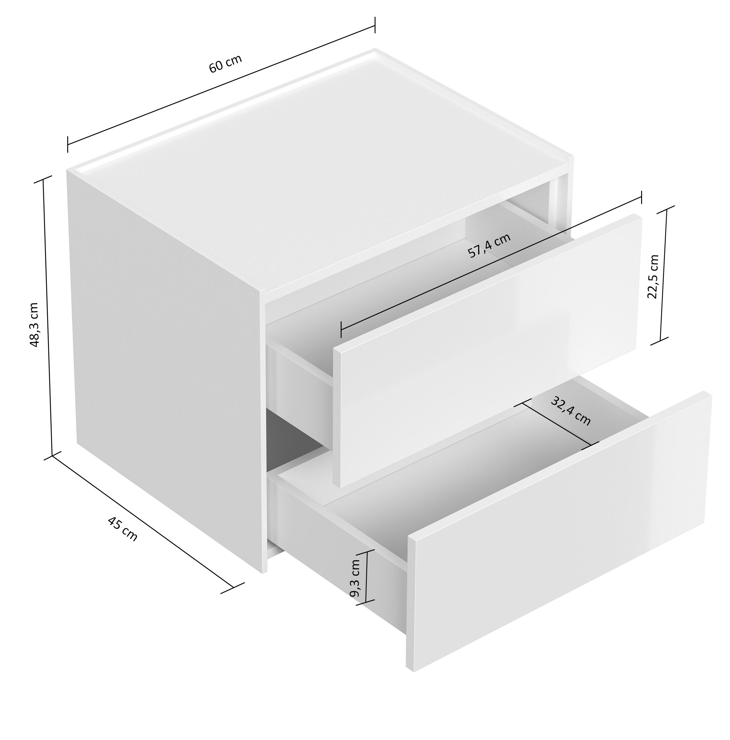 Design Nachttisch Kommode Somnia L 60cm, 2 Pushauszüge lackiert Weiß Hgl