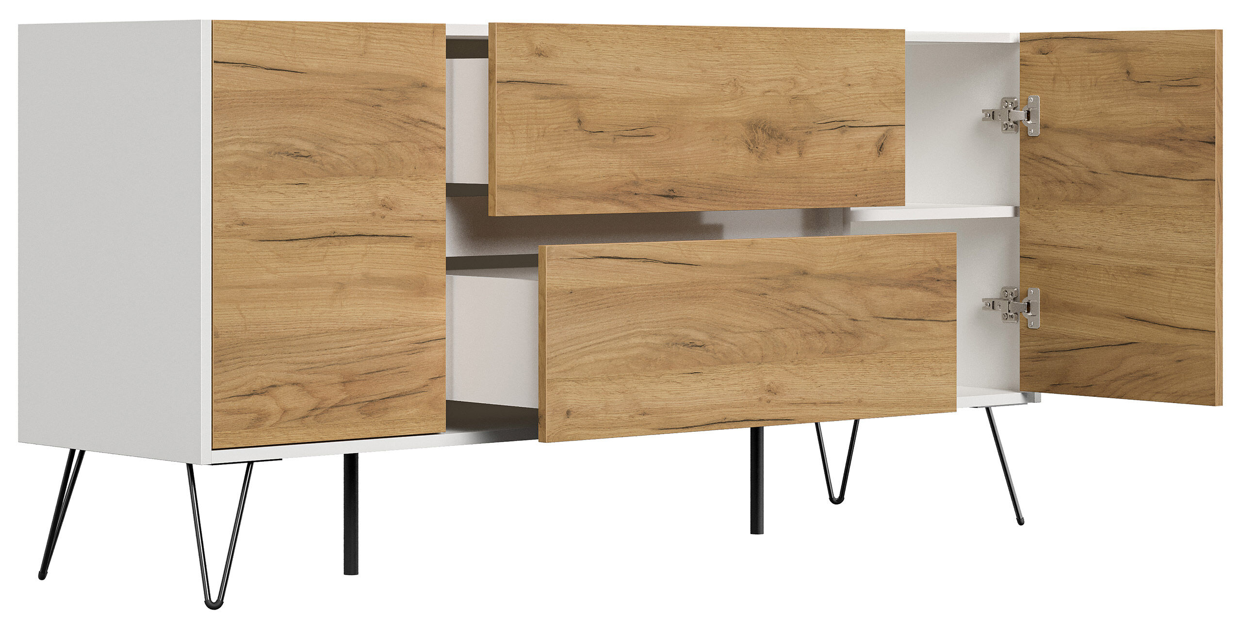 Sideboard Yako 155cm 2 SoftClose 2 Türen Weiß/Eiche Front