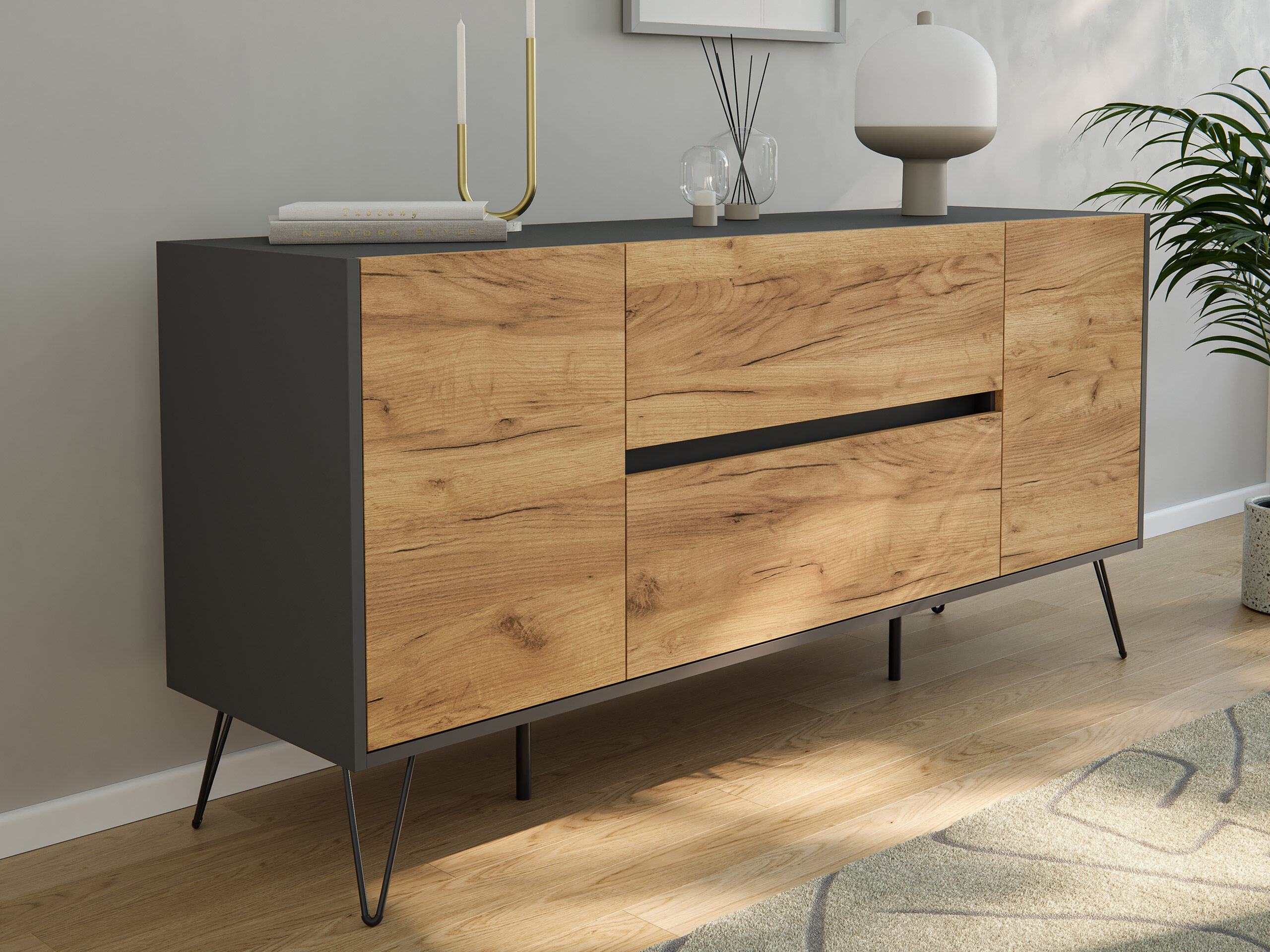 Sideboard Yako 155cm 2 SoftClose 2 Türen Grafit/Eiche Front