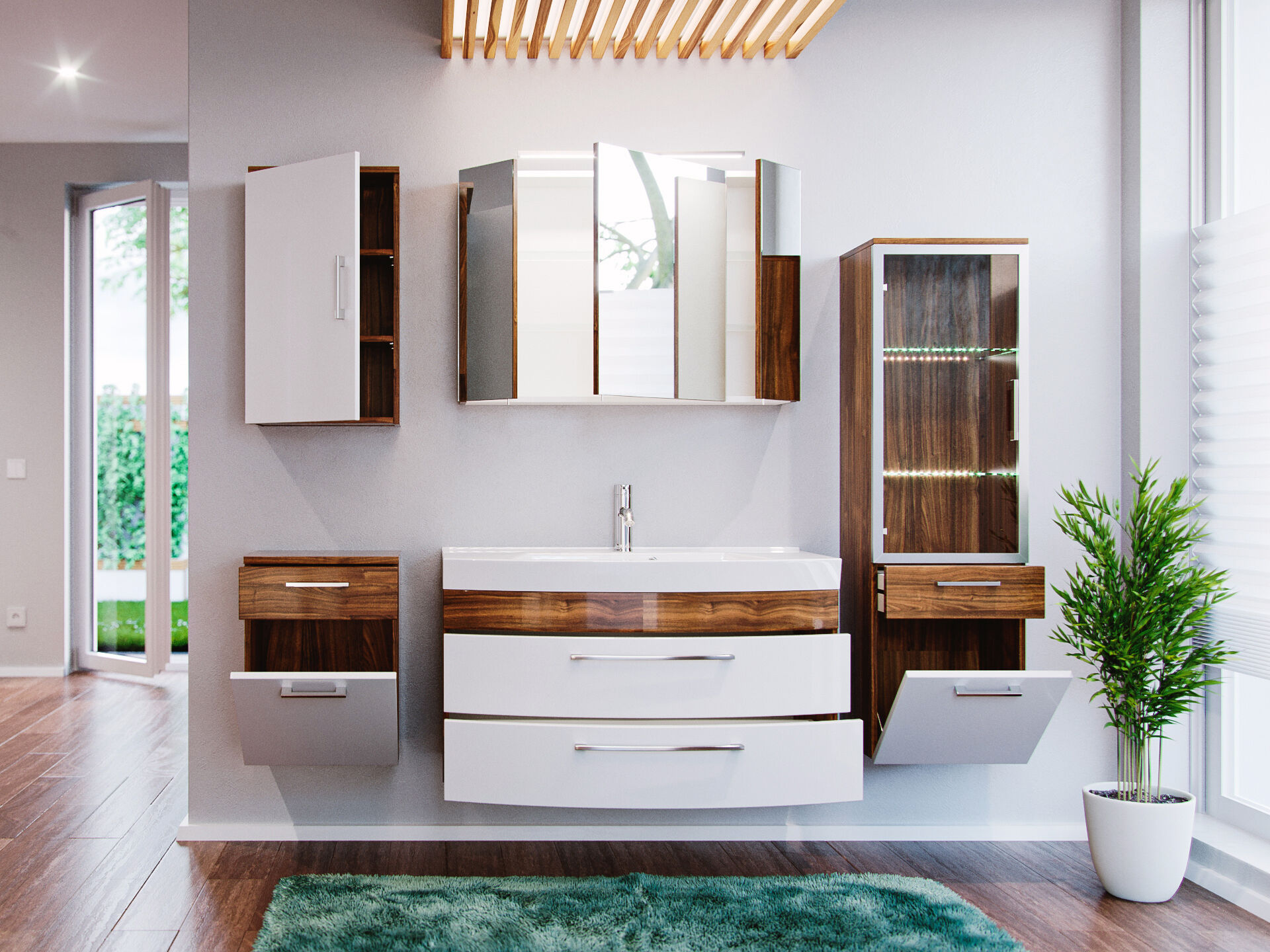 Badmöbel-Set EEK: A Malema in Walnuss- weiß mit abgerundeter Front 6-teilig