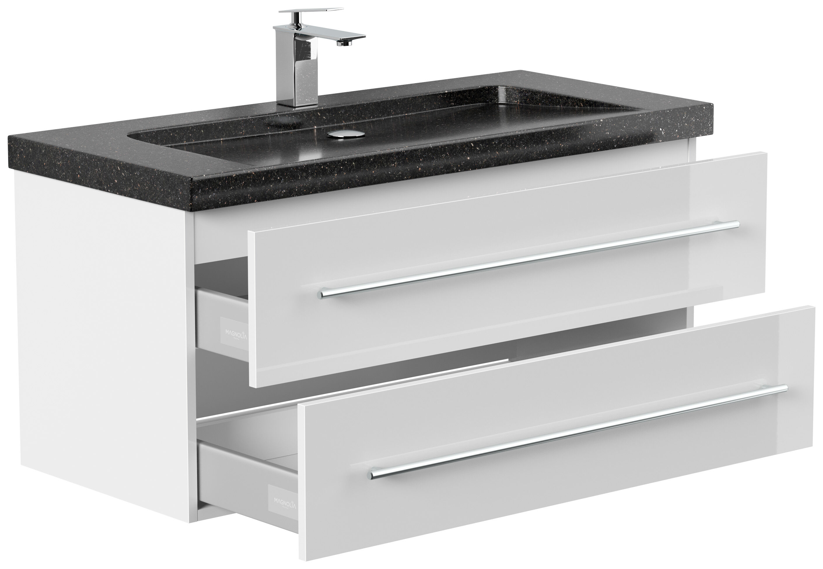 Badmöbel Granit Galaxy Black Damo 100 cm 1 Hahnloch SoftClose weiß hochglanz
