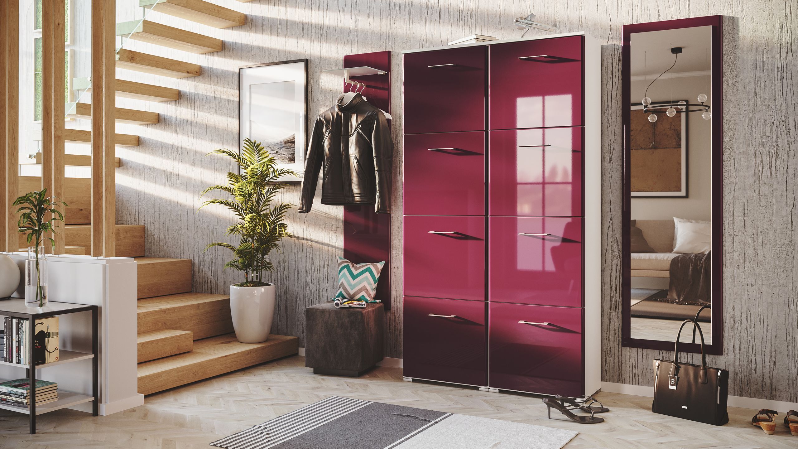 Garderobe Set 117 Kiruna 3 tlg Schuhschrank 8 Klappen 32 Paar Weiss-Brombeer