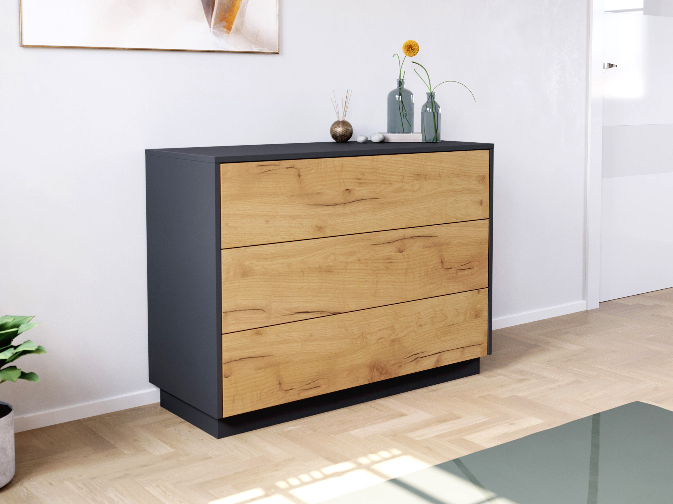Sideboard Kommode Hero B stehend 100cm 3 Pushauszüge Grafit Eiche | Grafit / Eiche Gold