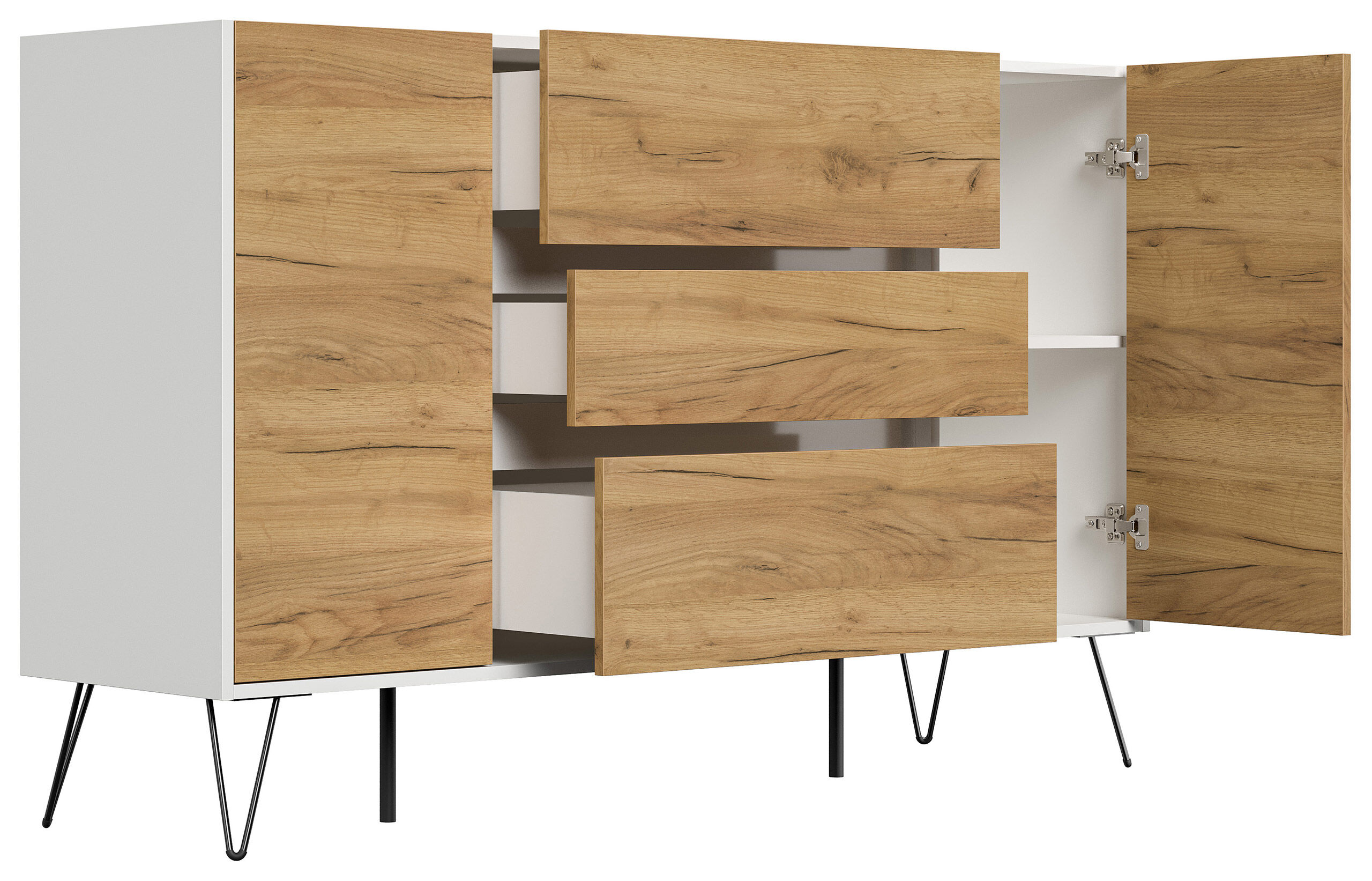 Sideboard Kommode Lovo 155cm Greifraum 3 SoftClose 2 Türen Weiß/Eiche Front