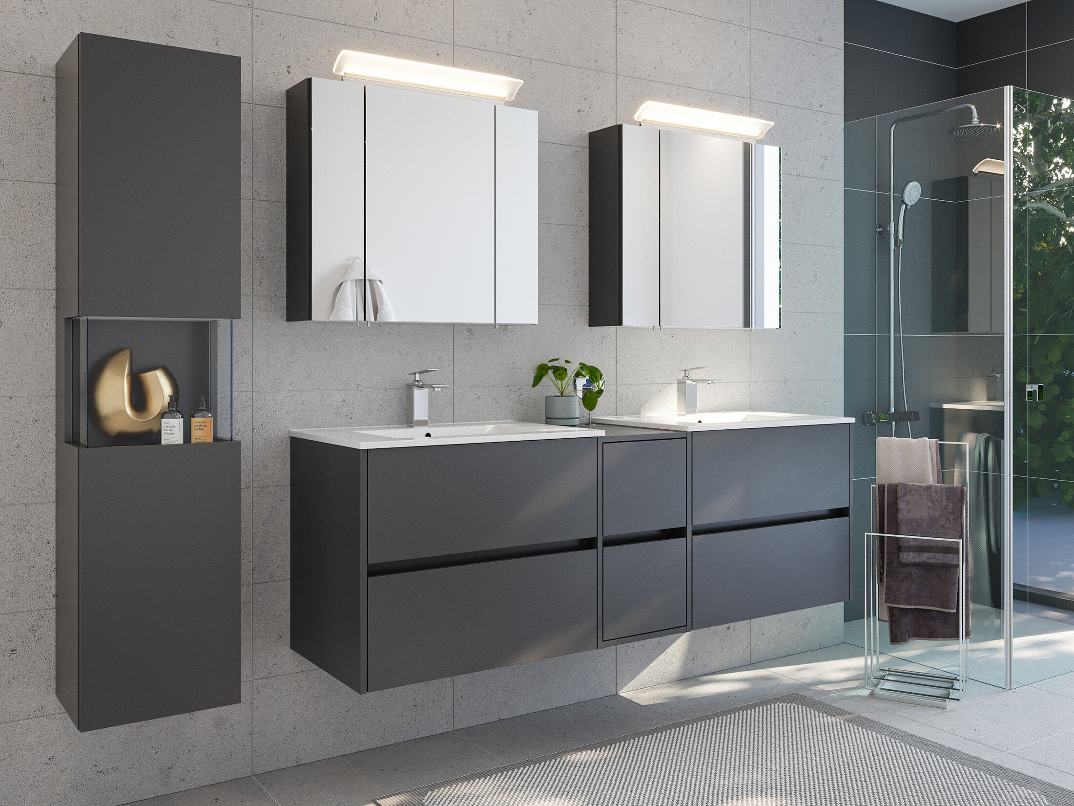Badmöbelset Taifun 170cm 4tlg mit 2x Spiegelschrank & Seitenschrank grafit