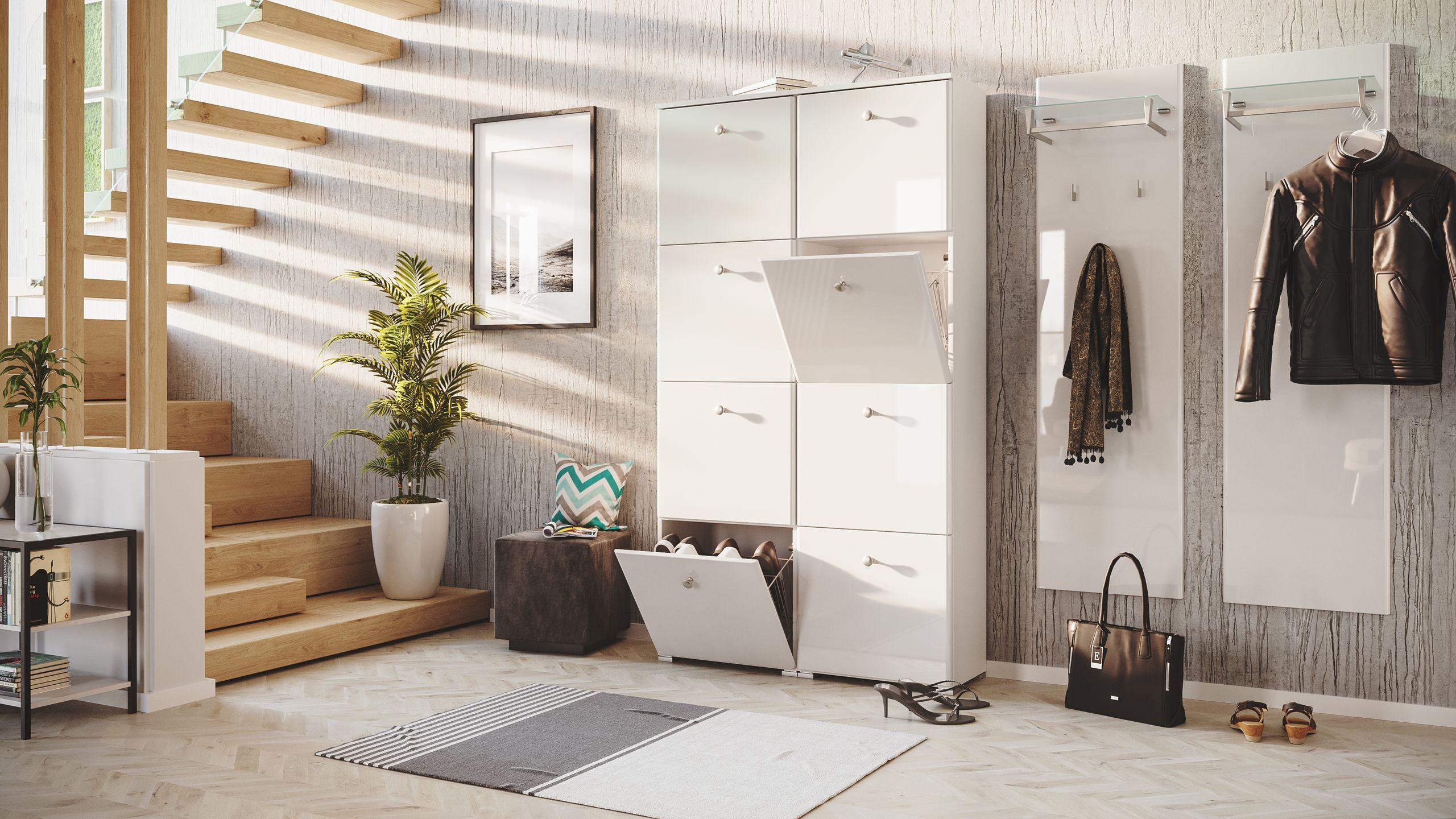 Garderobe Set 110 Ventura 3 tlg Schuhschrank 8 Klappen 32 Paar Weiss-Brombeer