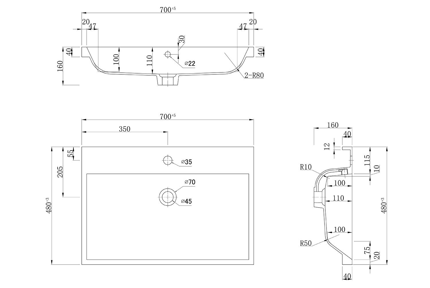 Stand Badmöbel Via 70 SoftClose beton mit drei grifflosen Schubladen