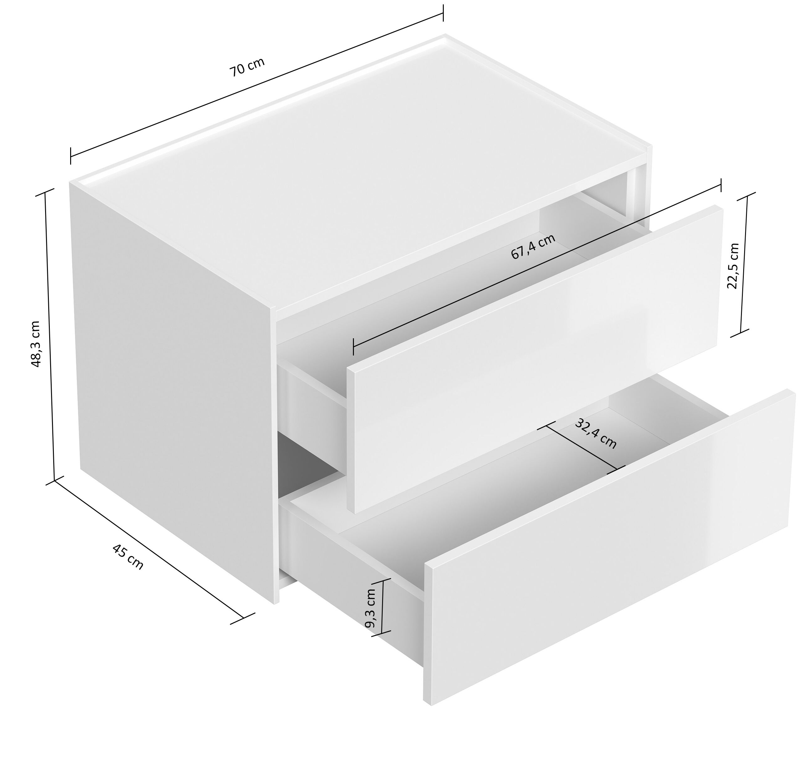 Design Nachttisch Kommode Somnia XL 70cm, 2 Pushauszüge lackiert Creme Grafit