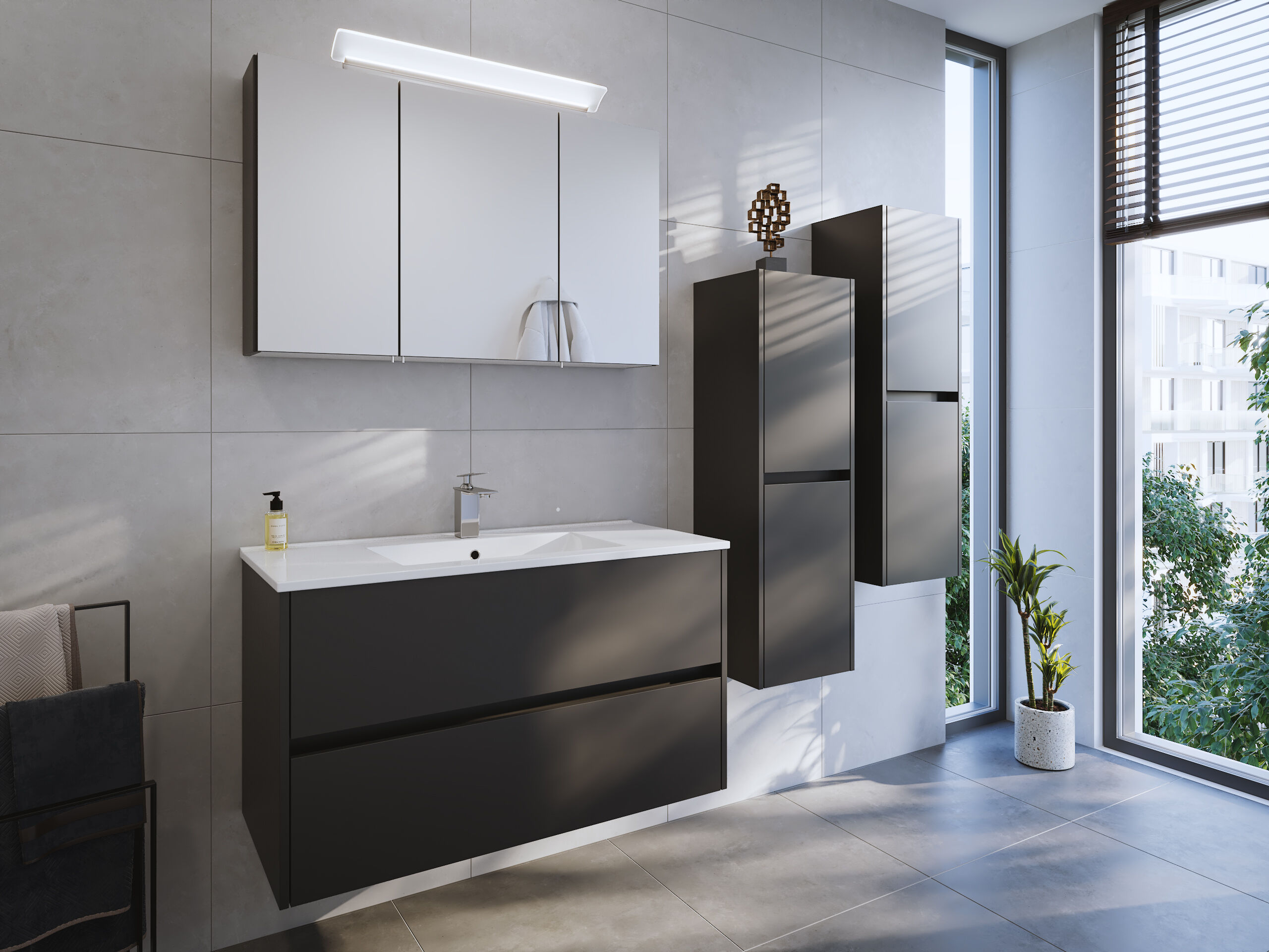 Badmöbel Set Taifun 4tlg. 100 cm mit Spiegelschrank & 2x Seitenschrank Grafit