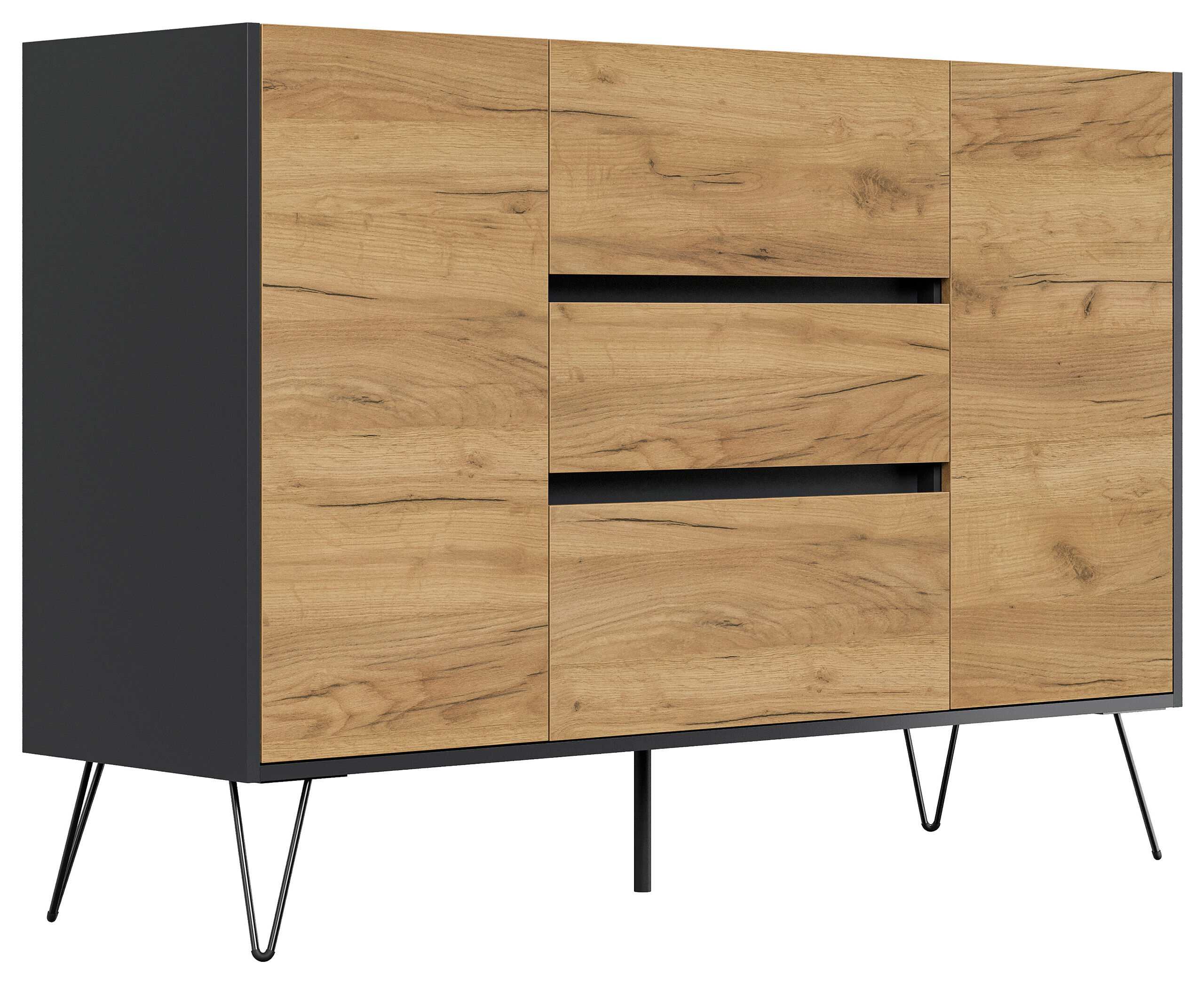 Sideboard Yako XL 140cm 3 SoftClose 2 Türen Grafit/Eiche Front