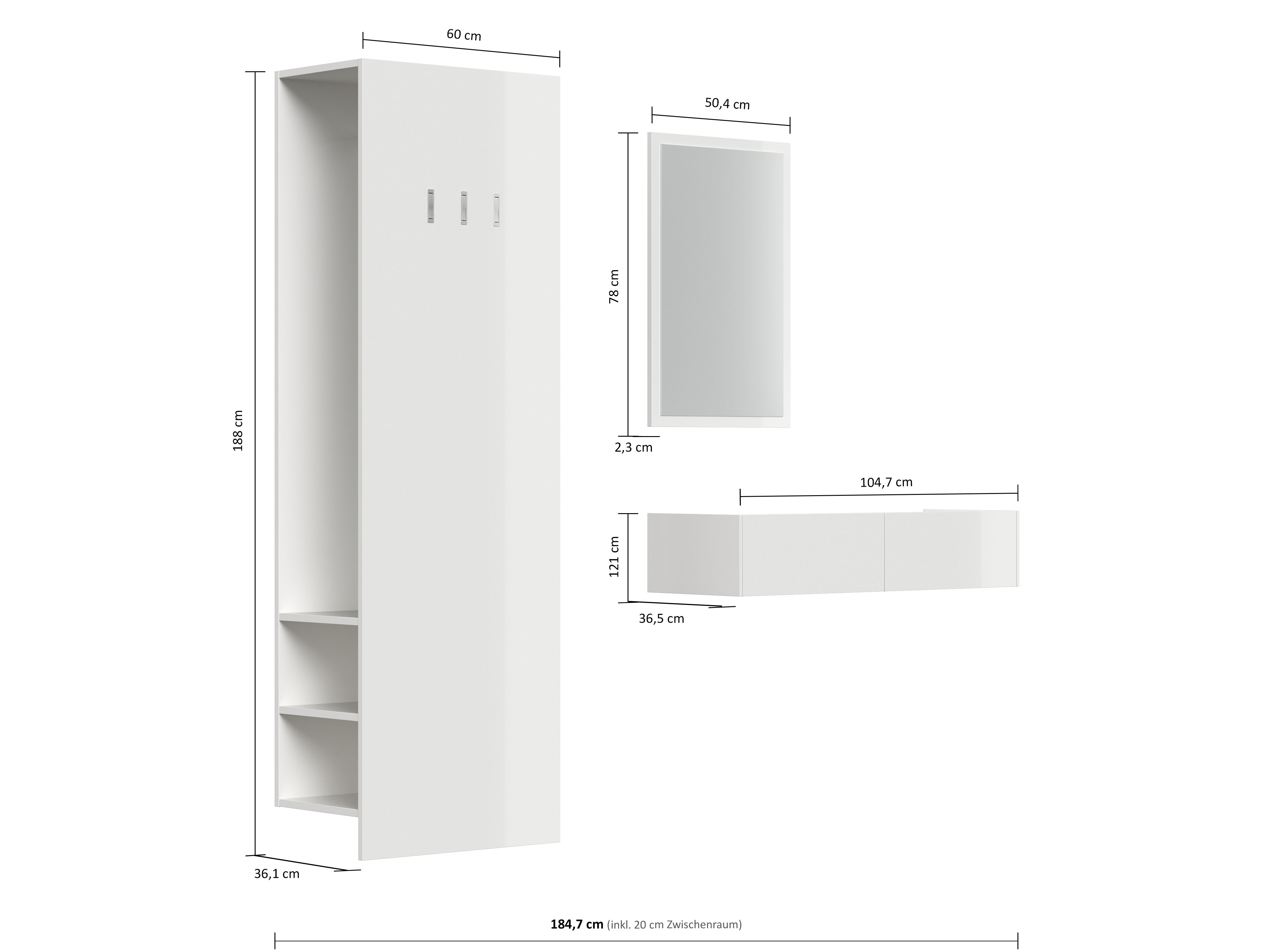 Garderobe Blu-M  3 tlg Konsole Push-to-open Spiegel Paneel 6 Paar Stein