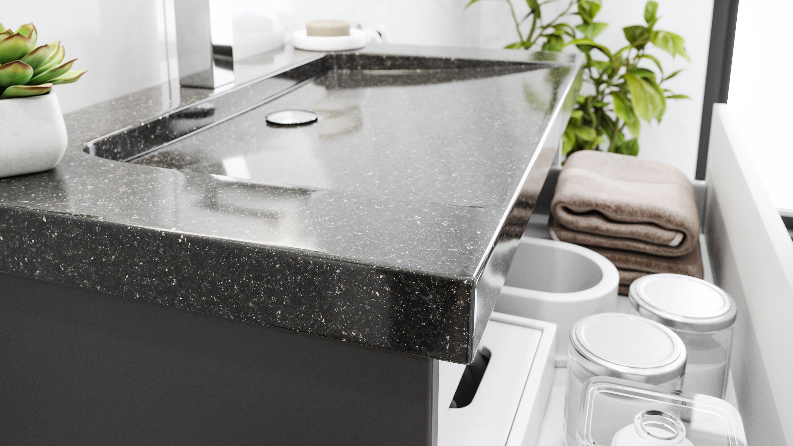 Badmöbel Granit Galaxy Black Damo 75 cm 1 Hahnloch SoftClose anthrazit & Spiegel