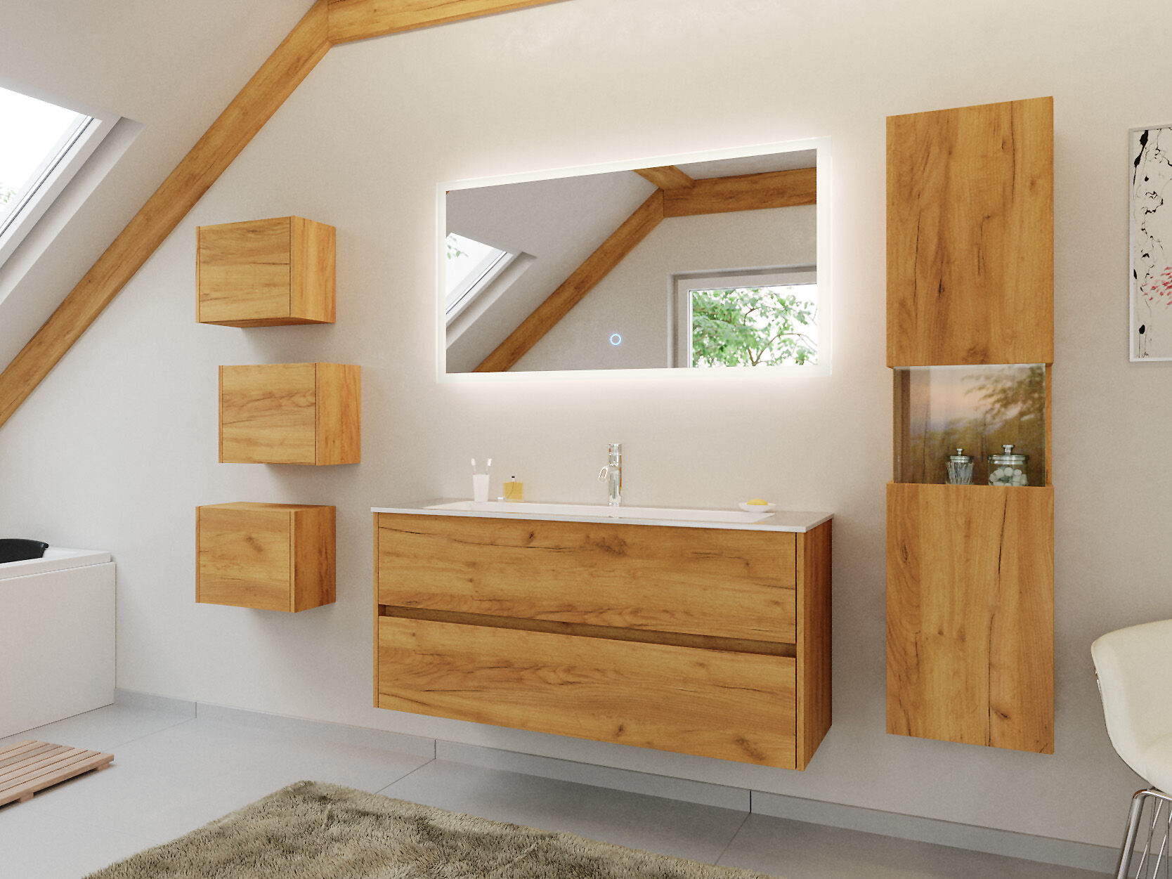 Badmöbel Set Taifun 4tlg. 120 cm mit LED Spiegel 3er Boxen & Hochschrank eiche