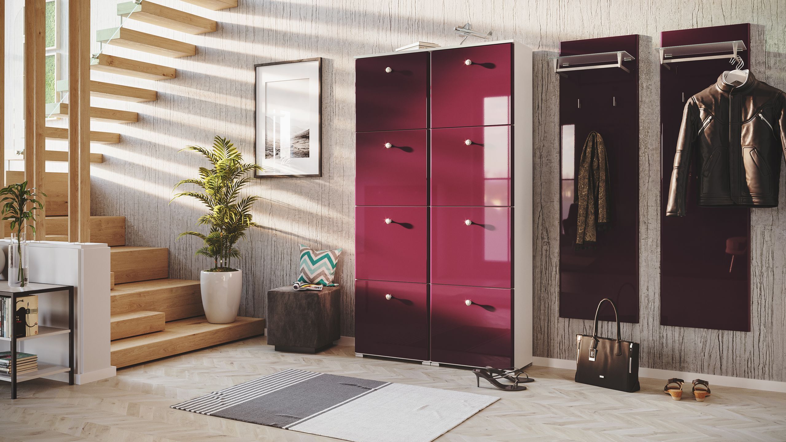Garderobe Set 110 Ventura 3 tlg Schuhschrank 8 Klappen 32 Paar Weiss-Brombeer