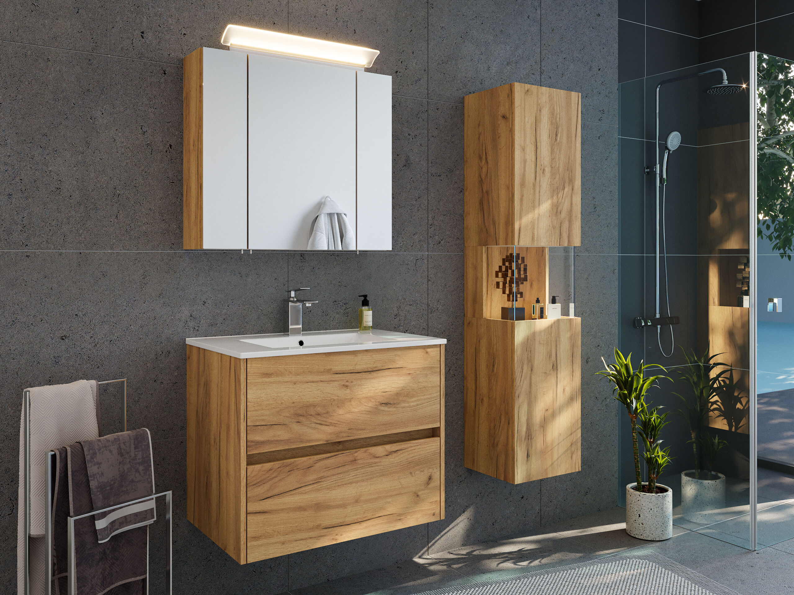Badmöbelset Taifun 70cm 3tlg mit Spiegelschrank & Seitenschrank eiche gold | Eiche Gold