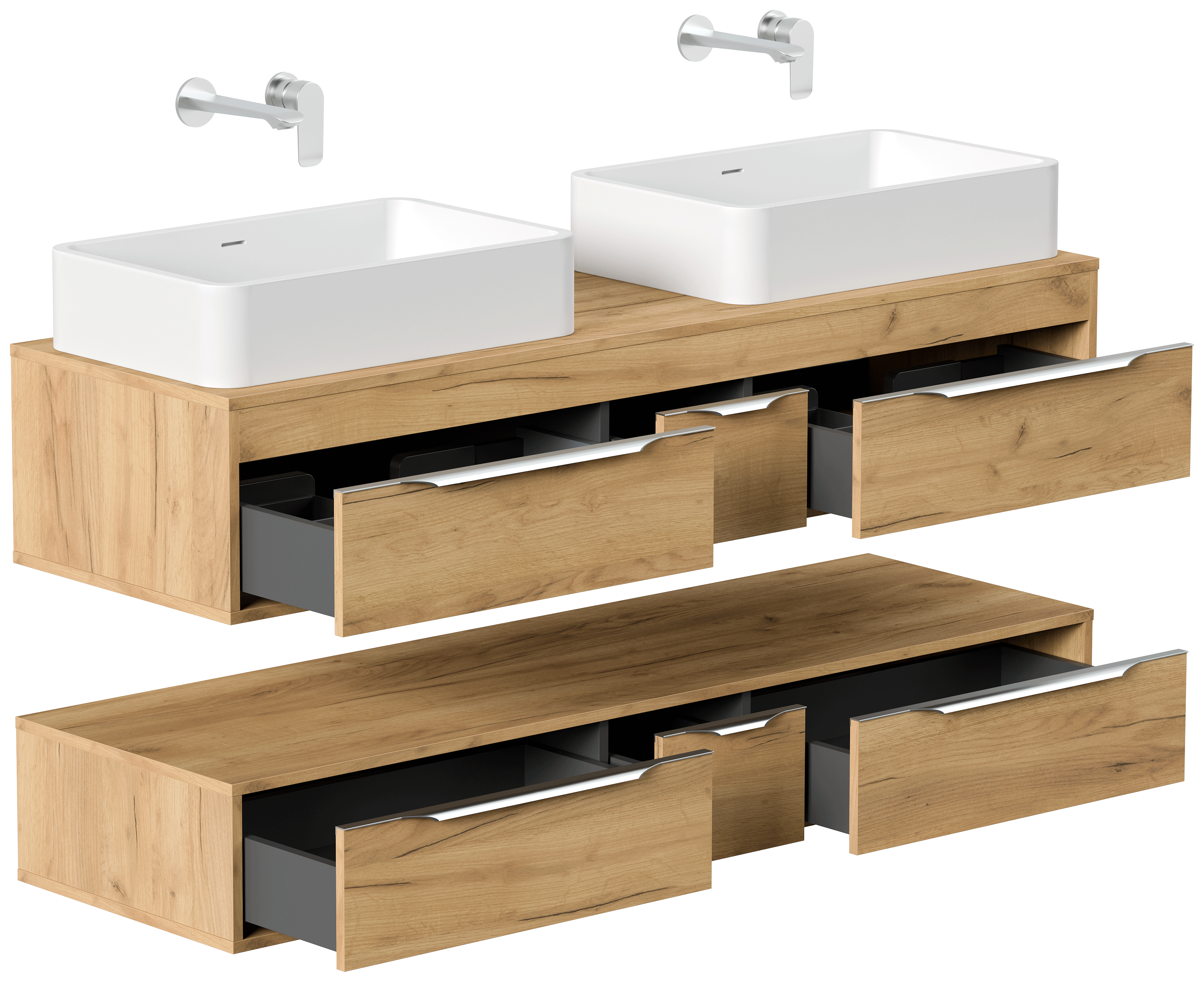 Doppelbadmöbel Elements 150cm mit 2 runden Aufsatzwaschbecken eiche gold