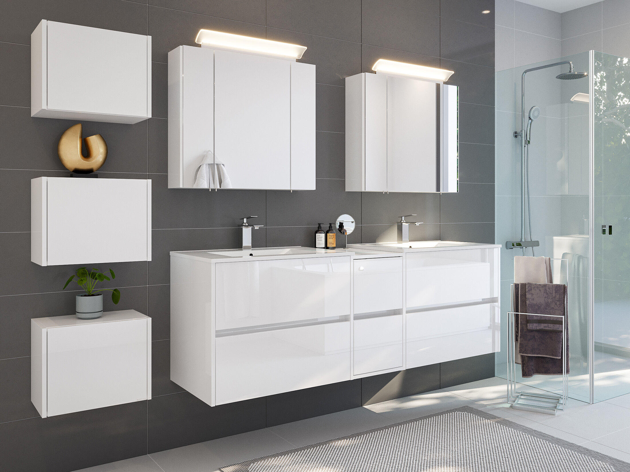 Badmöbelset Taifun 170cm 4tlg mit 2x Spiegelschrank & 3er Boxen Set grafit
