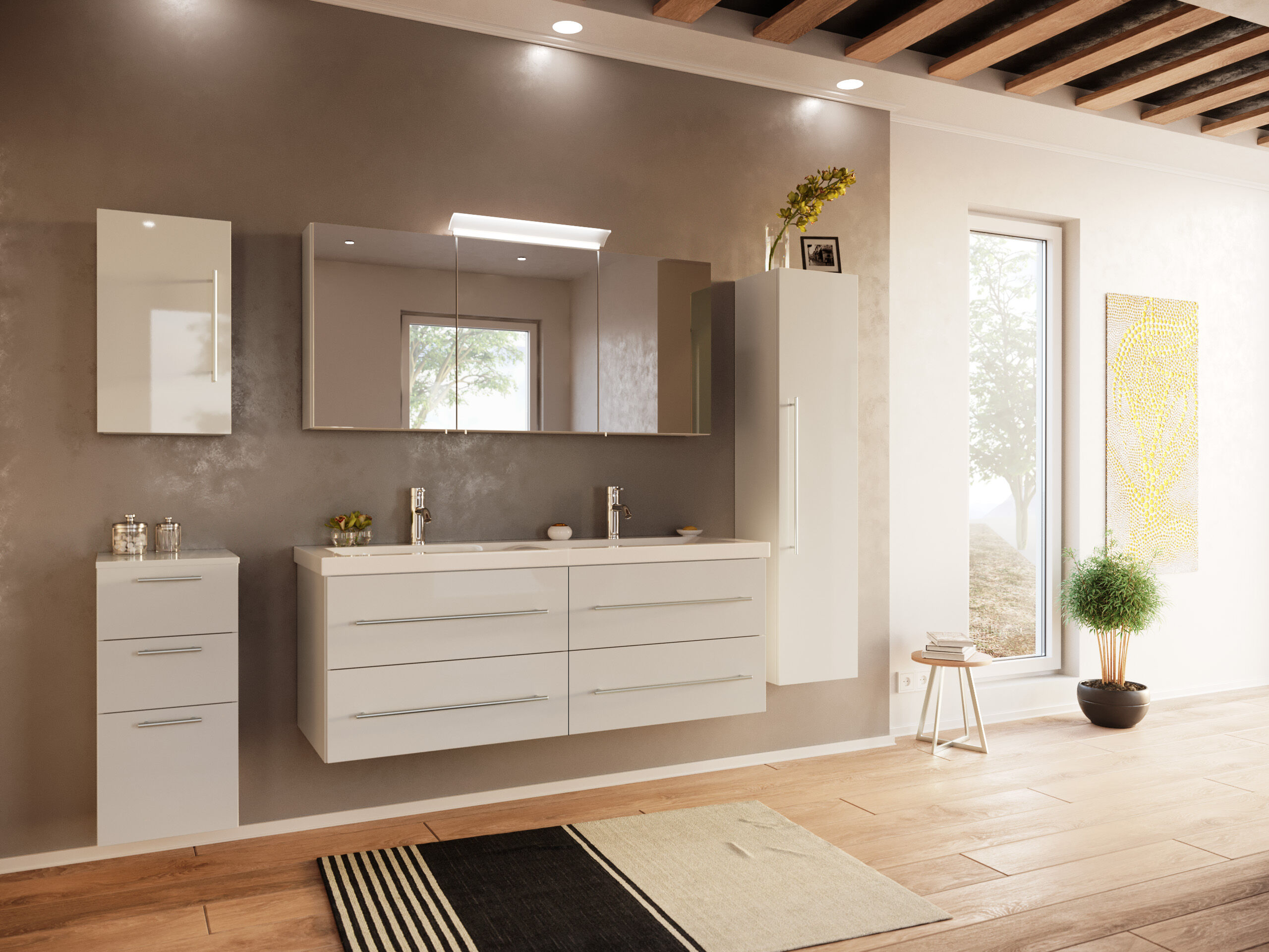 Badmöbelset Persepolis XL 5-teilig Spiegelschrank Seiten Hoch & Midi eiche