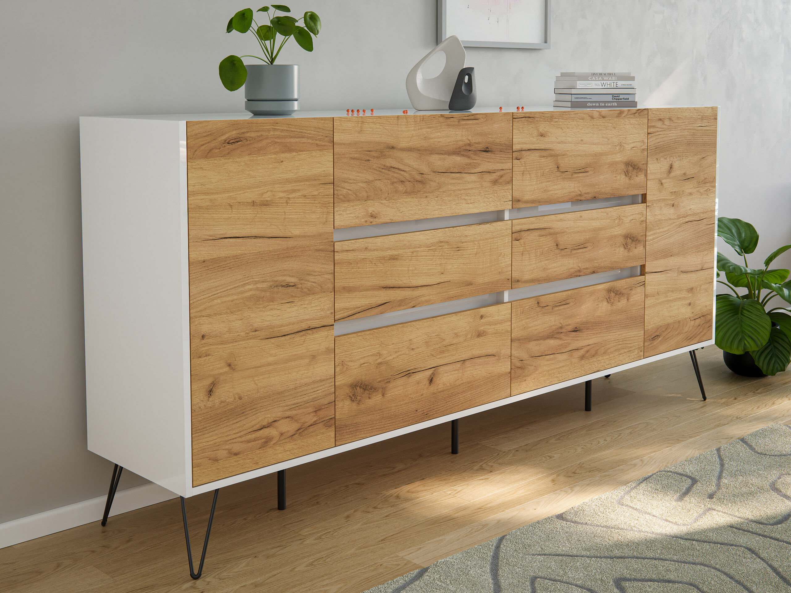 Sideboard Kommode Yako 200cm Greifraum 6 SoftClose 2 Türen Weiß/Eiche Front