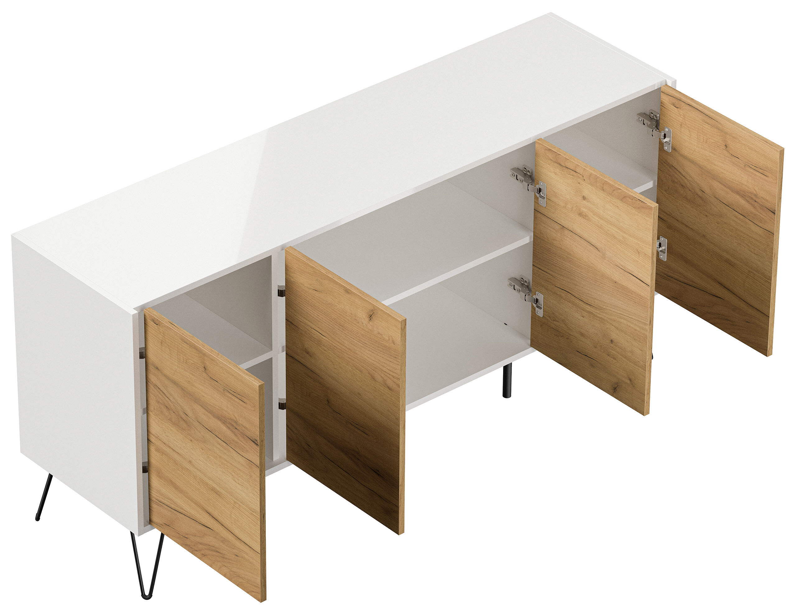 Raumwunder XL Sideboard Kommode Maxim 155cm stehend 4 Türen Weiß/Eiche Front