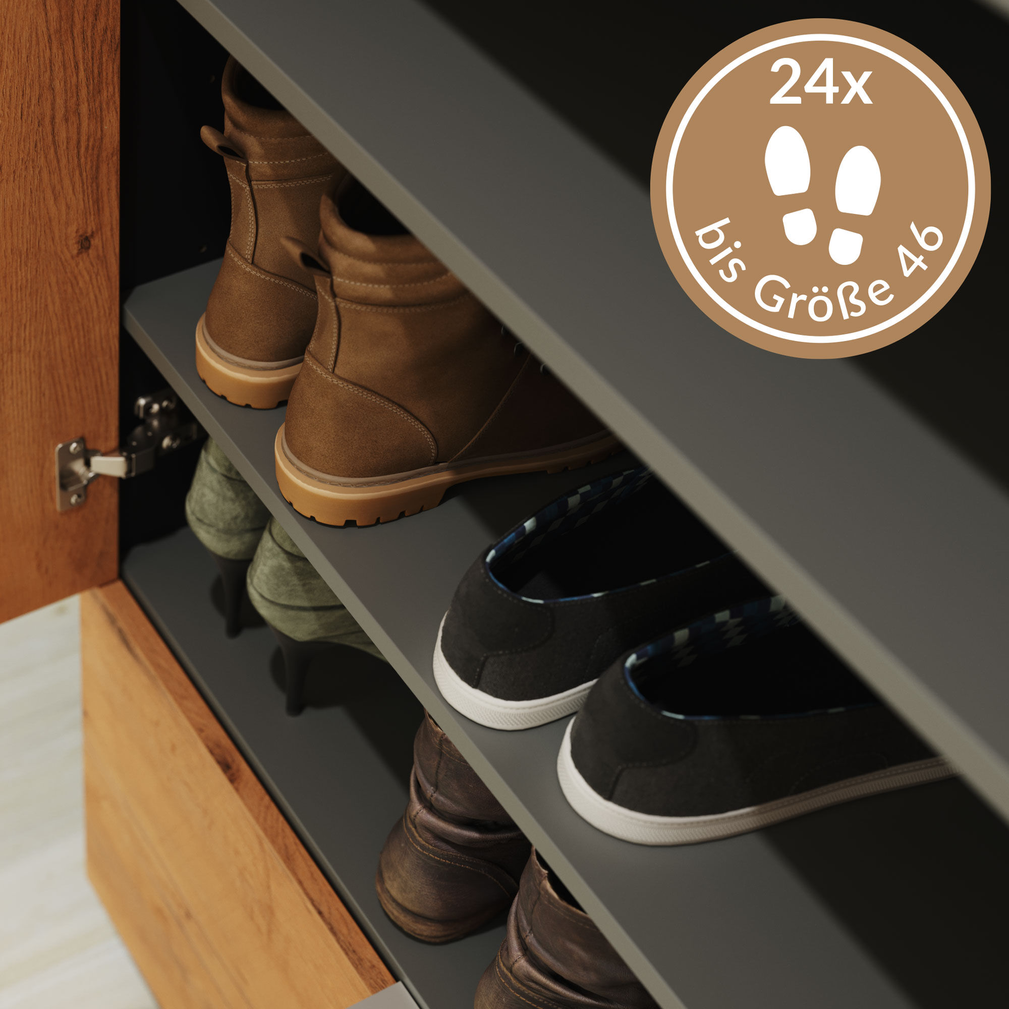 Schuhschrank Castello-M Spiegeltür 2 Softeinzüge 24 Paar Oak