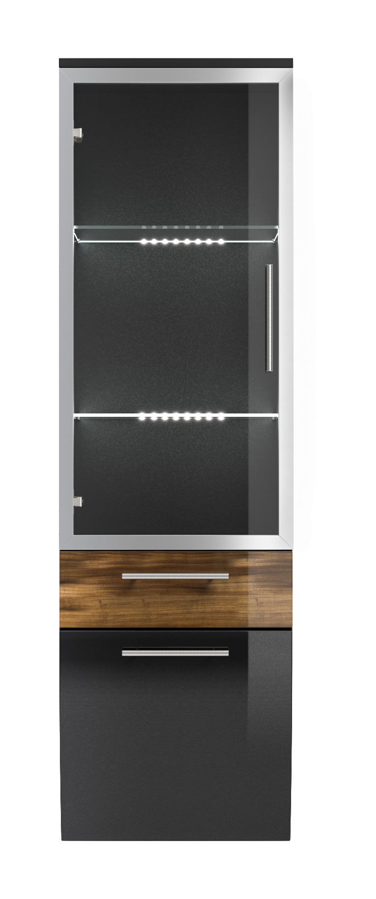 Hochschrank Salona 135 cm mit Glastür Walnuss hochglanz/Grafit hochglanz