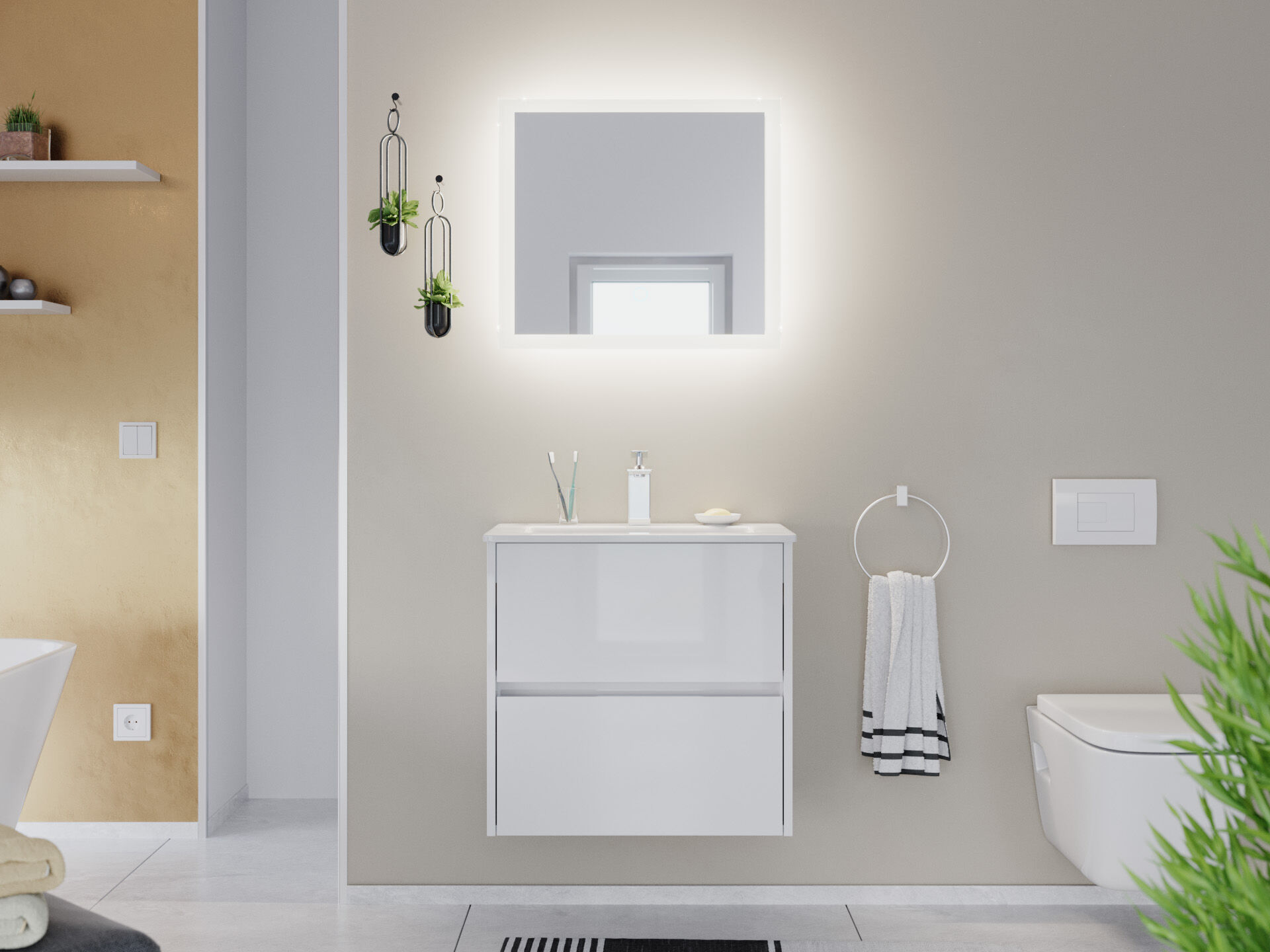 Badmöbel Set Taifun Slimline 60cm & LED Spiegel weiß Hgl