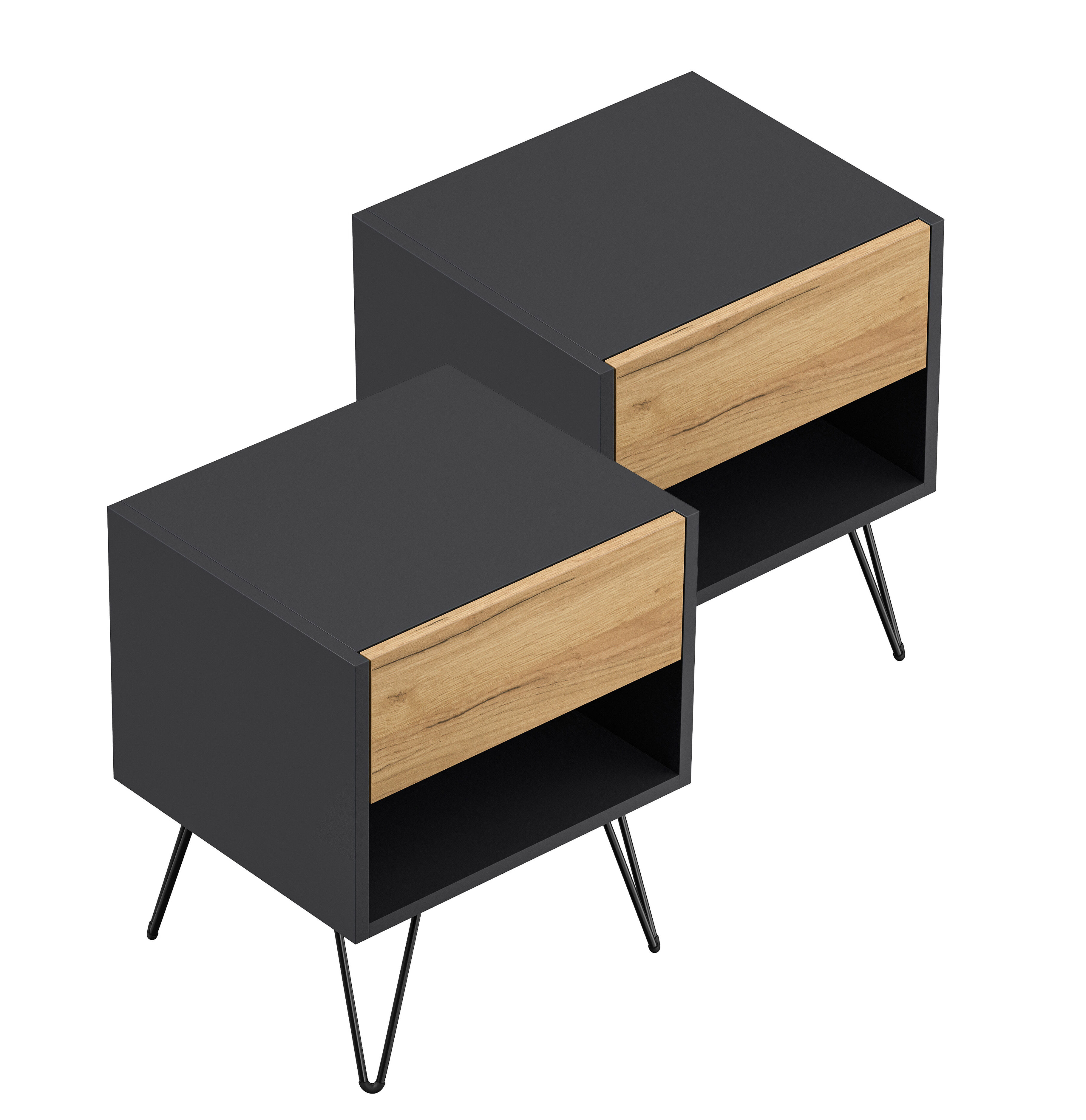 2er Set Nachttisch Kommode Dion 40cm SoftClose stehend Grafit & Eiche Front