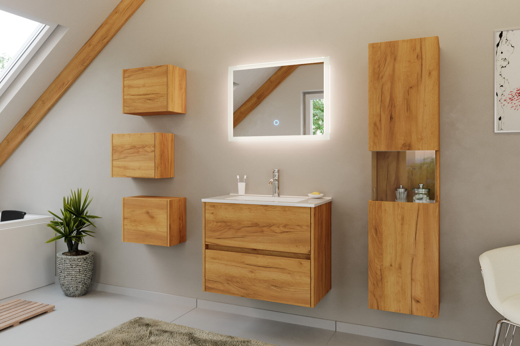 Badmöbel Set Taifun 4tlg. 70cm mit LED Spiegel 3er Boxen & Hochschrank eiche