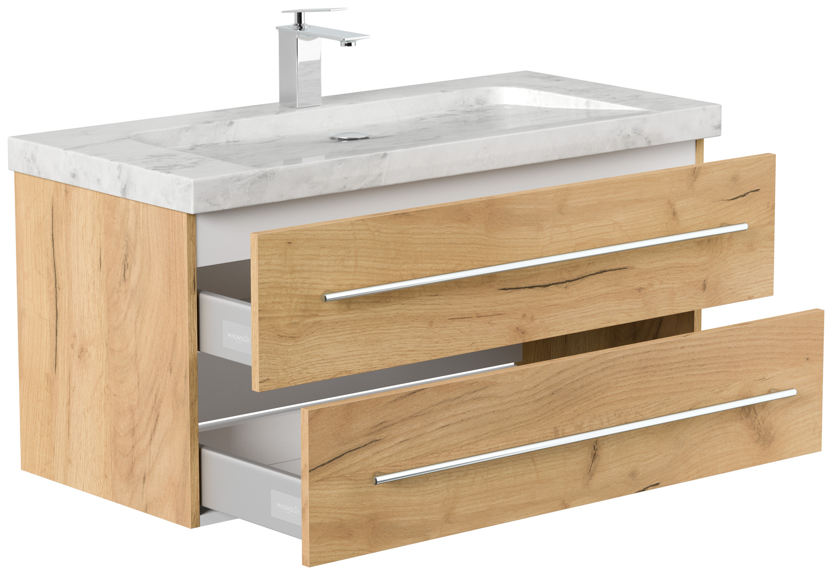 Badmöbel Marmor Carrara White Damo 100 cm 1 Hahnloch SoftClose eiche gold