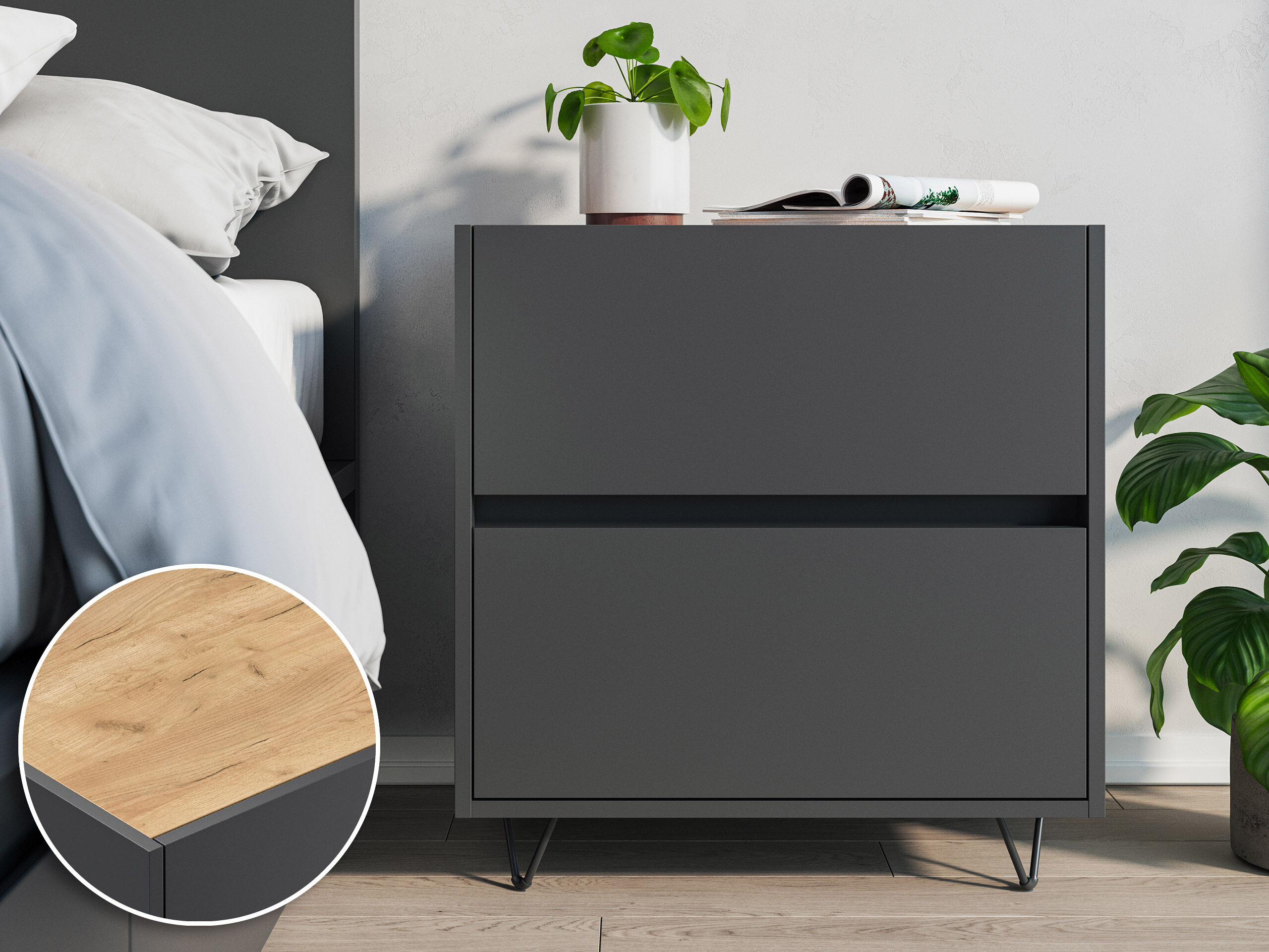 Nachttisch Yako 60cm 2 SoftClose stehend Weiß & Eiche Top