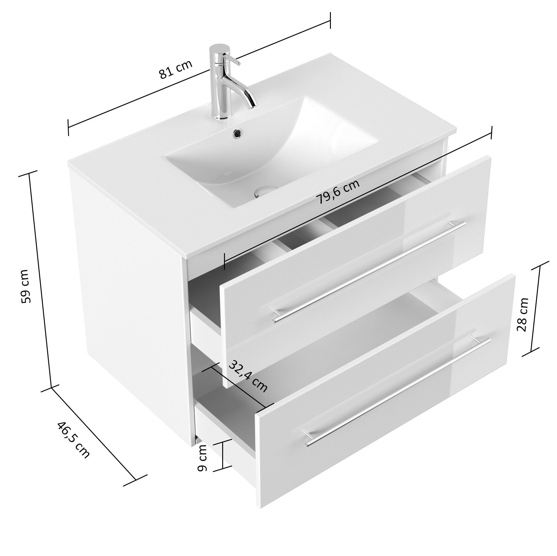 Badmöbel Set Firenze 80 3tlg. LED Spiegel und Seitenschrank weiß hochglanz